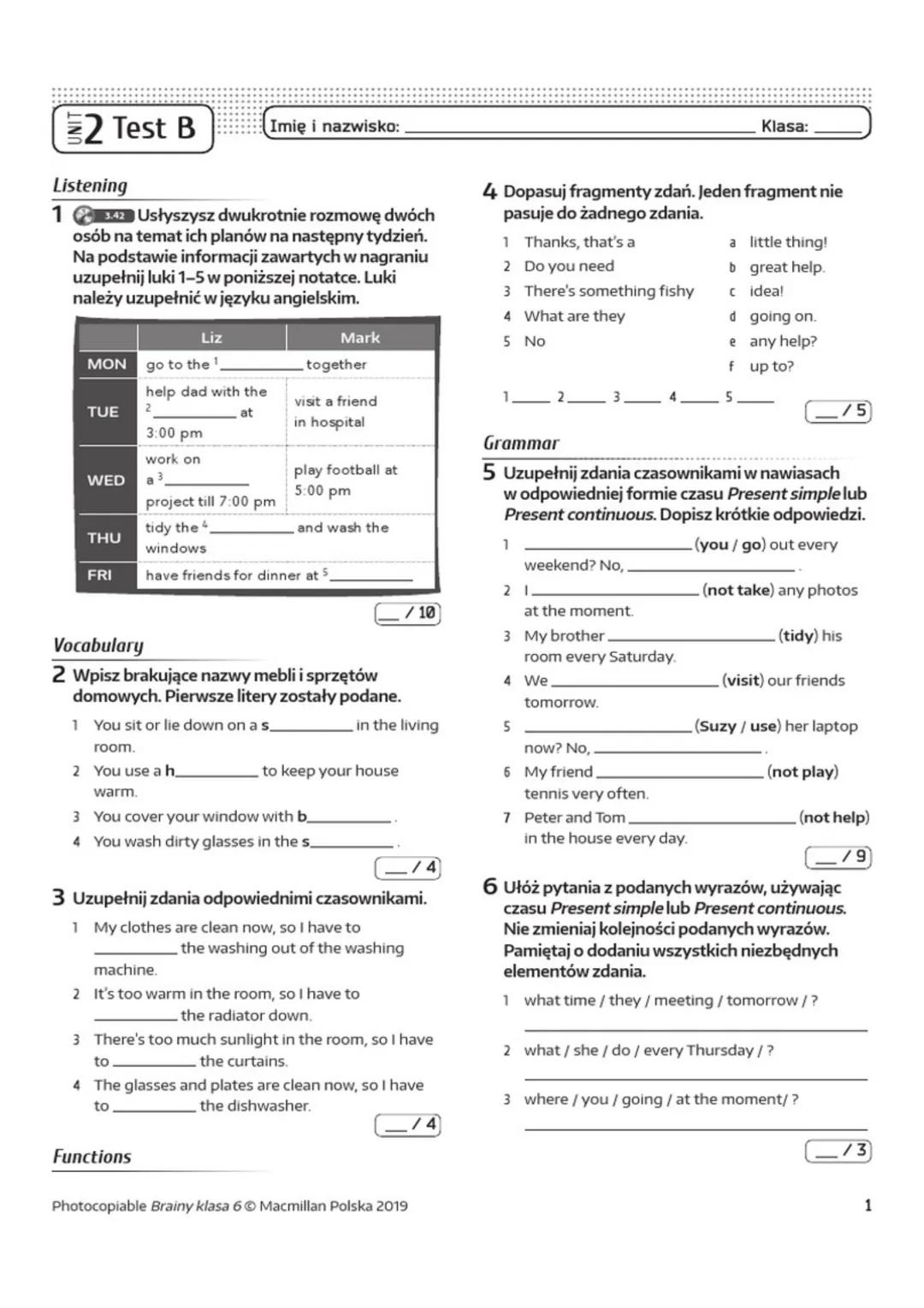 # 2 Test B
Imię i nazwisko:__________________________________________________________________ Klasa:________________
## Listening
1 Usłys