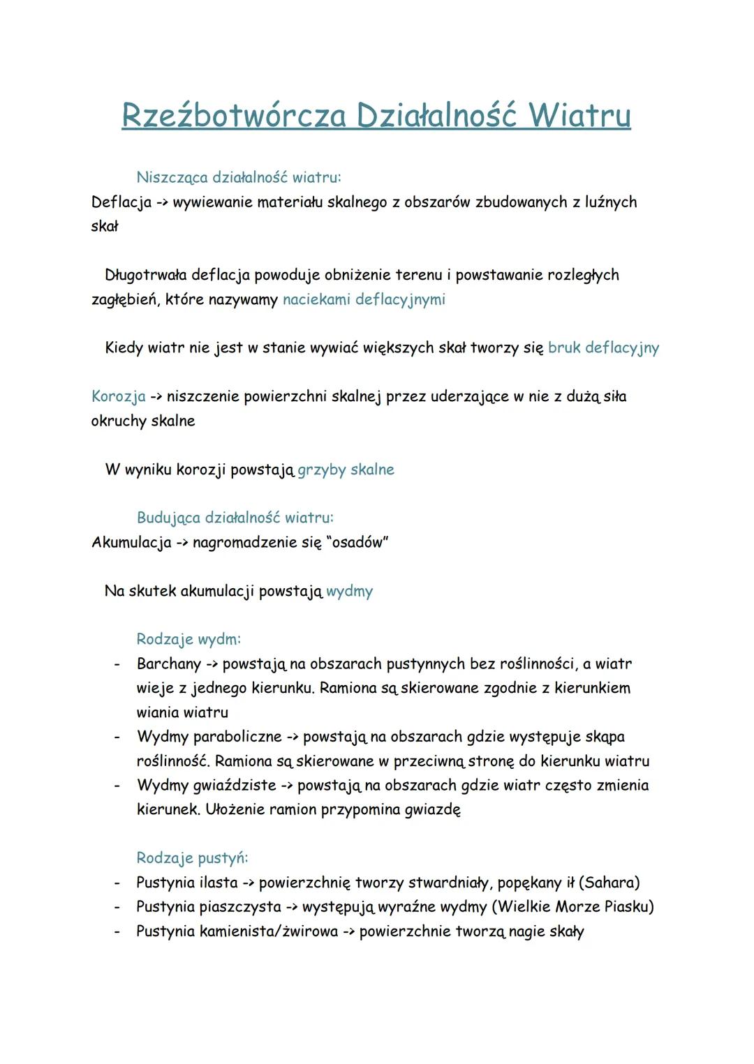 Rzeźbotwórcza Działalność Wiatru
Niszcząca działalność wiatru:
Deflacja -> wywiewanie materiału skalnego z obszarów zbudowanych z luźnych
sk