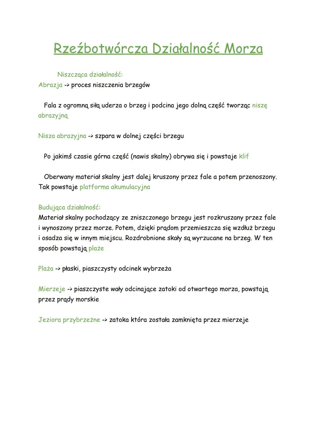 Rzeźbotwórcza Działalność Morza
Niszcząca działalność:
Abrazja proces niszczenia brzegów
Fala z ogromną siłą uderza o brzeg i podcina jego d