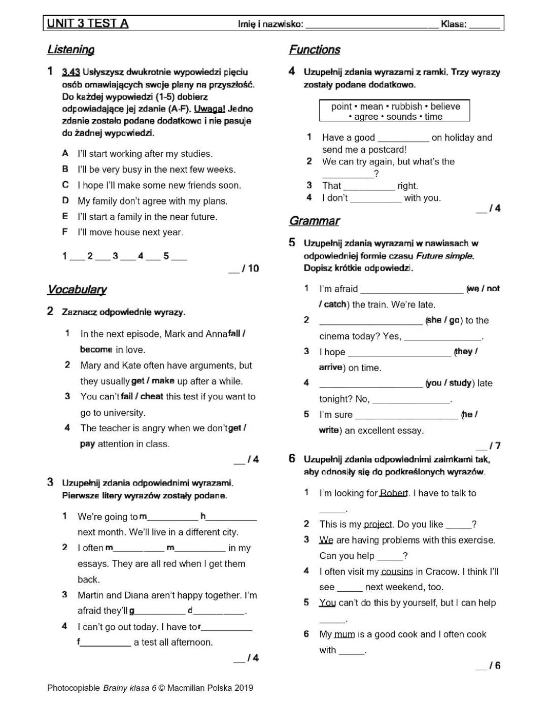 Brainy 6 - Unit 3 (sprawdzian)
