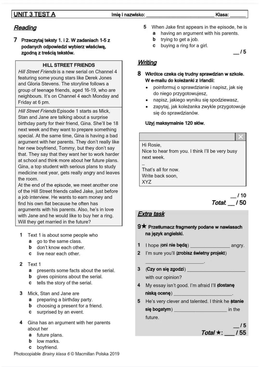 UNIT 3 TEST A
Listening
Imię i nazwisko:
1 3.43 Usłyszysz dwukrotnie wypowiedzi pięciu
osób omawiających swoje plany na przyszłość.
Do każde