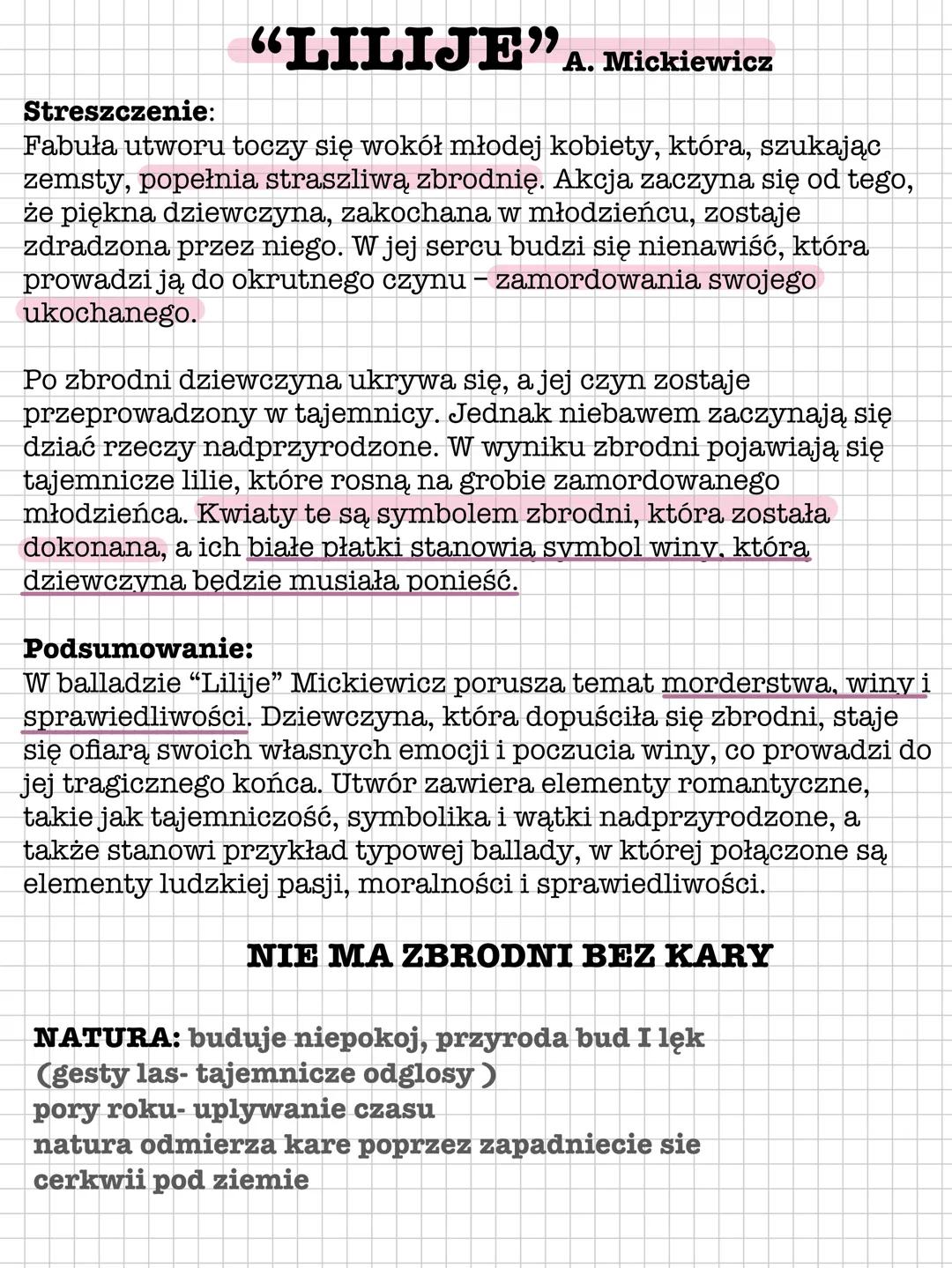 Streszczenie:
"LILIJE" A. Mickiewicz
Fabuła utworu toczy się wokół młodej kobiety, która, szukając
zemsty, popełnia straszliwą zbrodnię. Akc