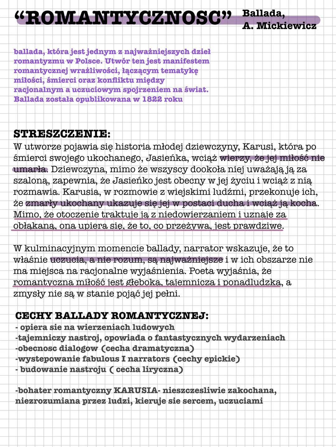 # "ROMANTYCZNOSC" Ballada,
A. Mickiewicz
ballada, która jest jednym z najważniejszych dzieł
romantyzmu w Polsce. Utwór ten jest manifestem