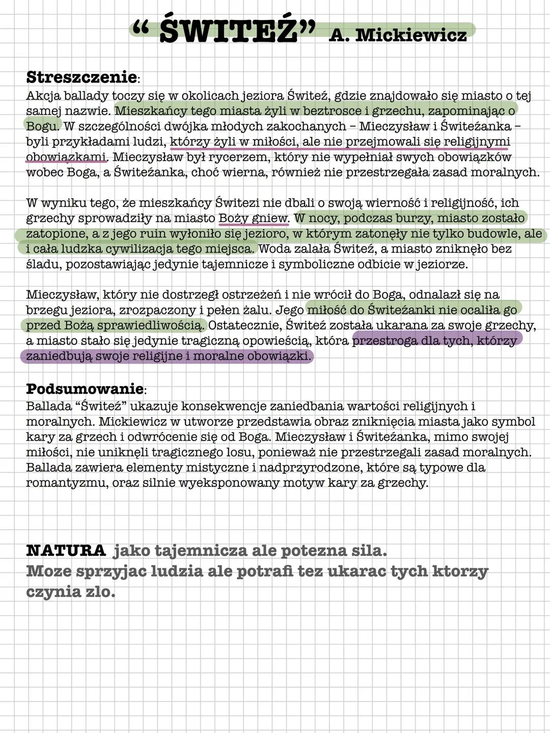 66
“ ŚWITEŹ” A. Mickiewicz
Streszczenie:
Akcja ballady toczy się w okolicach jeziora Świteź, gdzie znajdowało się miasto o tej
samej nazwie.