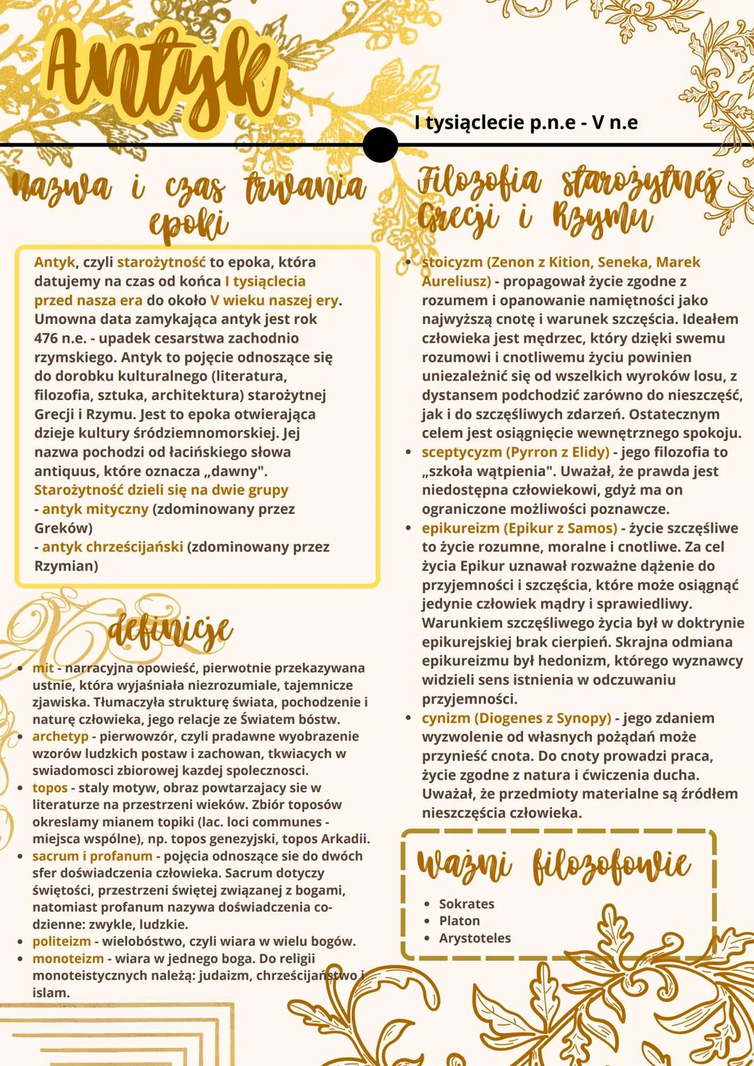 # Antyk
I tysiąclecie p.n.e - V n.e
# Nazwa i czas trwania Filozofia starożytnes
epoki
Antyk, czyli starożytność to epoka, która
datujemy