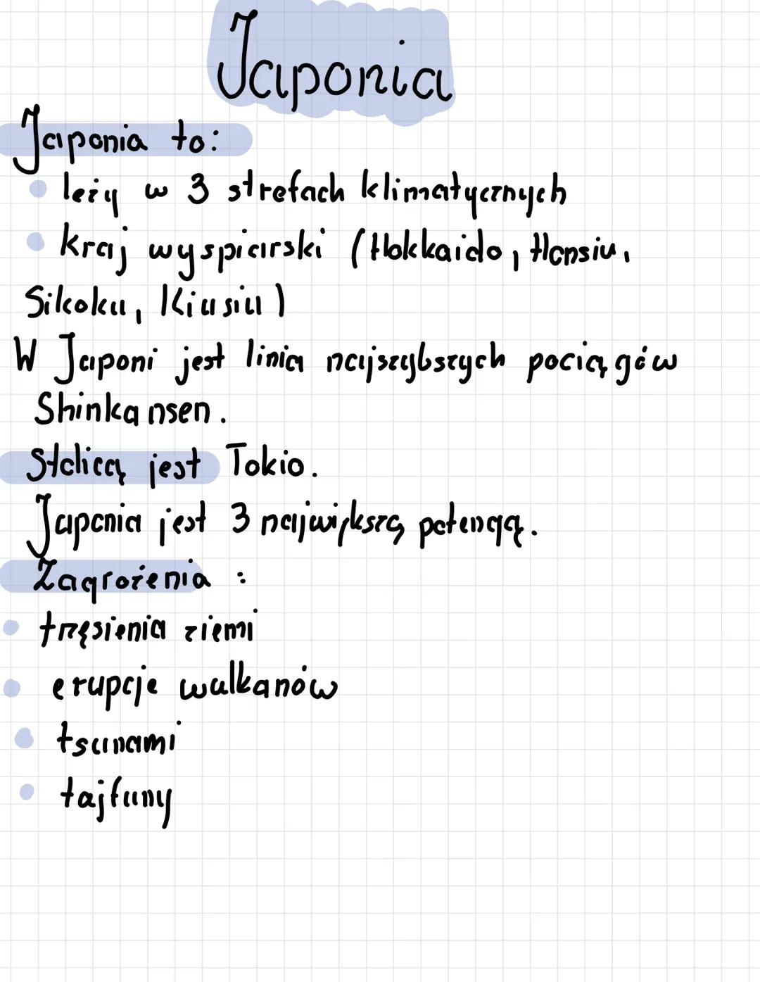 Japonia to
leży
Japonia
w 3 strefach klimatycznych
kraj wyspiarski (Hokkaido, Honsiu
Sikoku, Kiusiu)
W Japoni jest linia najszybszych pociąg