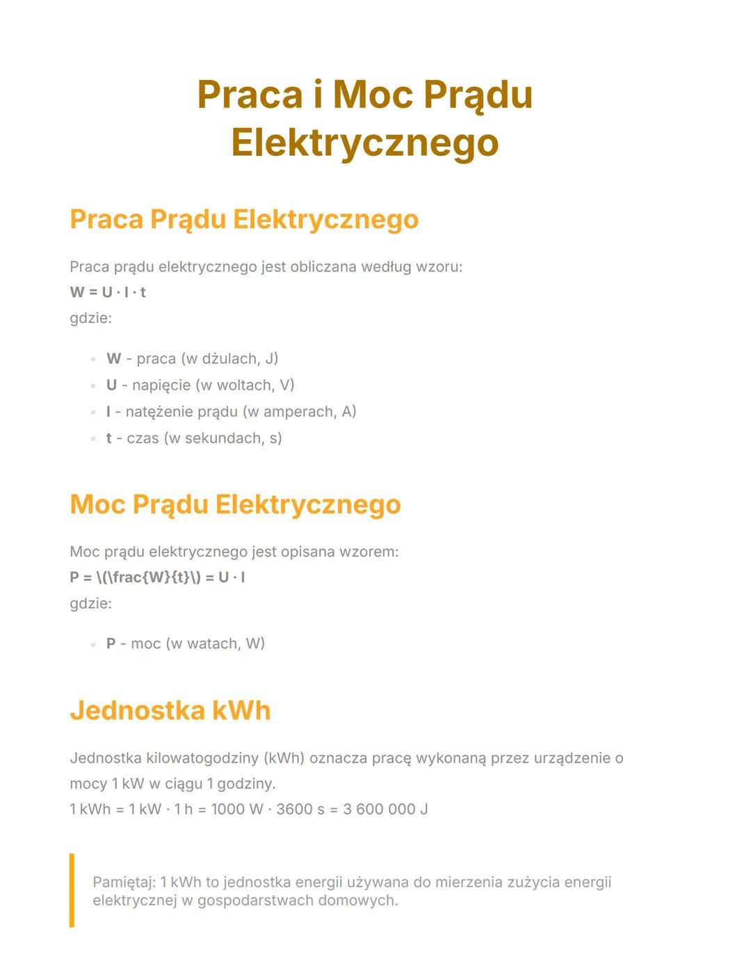 # Praca i Moc Prądu
Elektrycznego
## Praca Prądu Elektrycznego
Praca prądu elektrycznego jest obliczana według wzoru:
W=U-It
gdzie:
* W