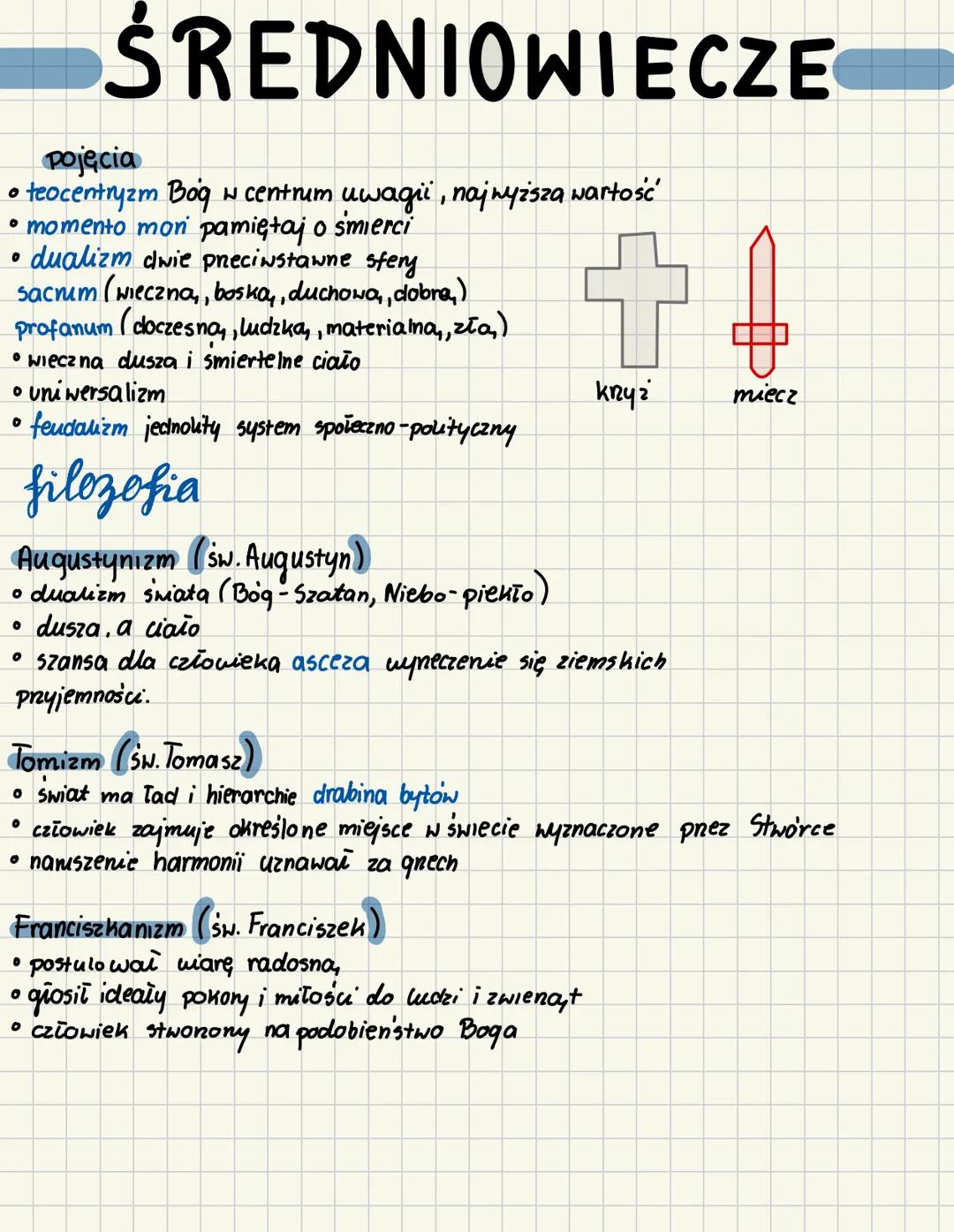 ŚREDNIOWIECZE
pojęcia
• teocentryzm Bog w centrum uwagii, najwyższą wartość
• momento mon pamiętaj o śmierci
•dualizm dwie przeciwstawne sfe