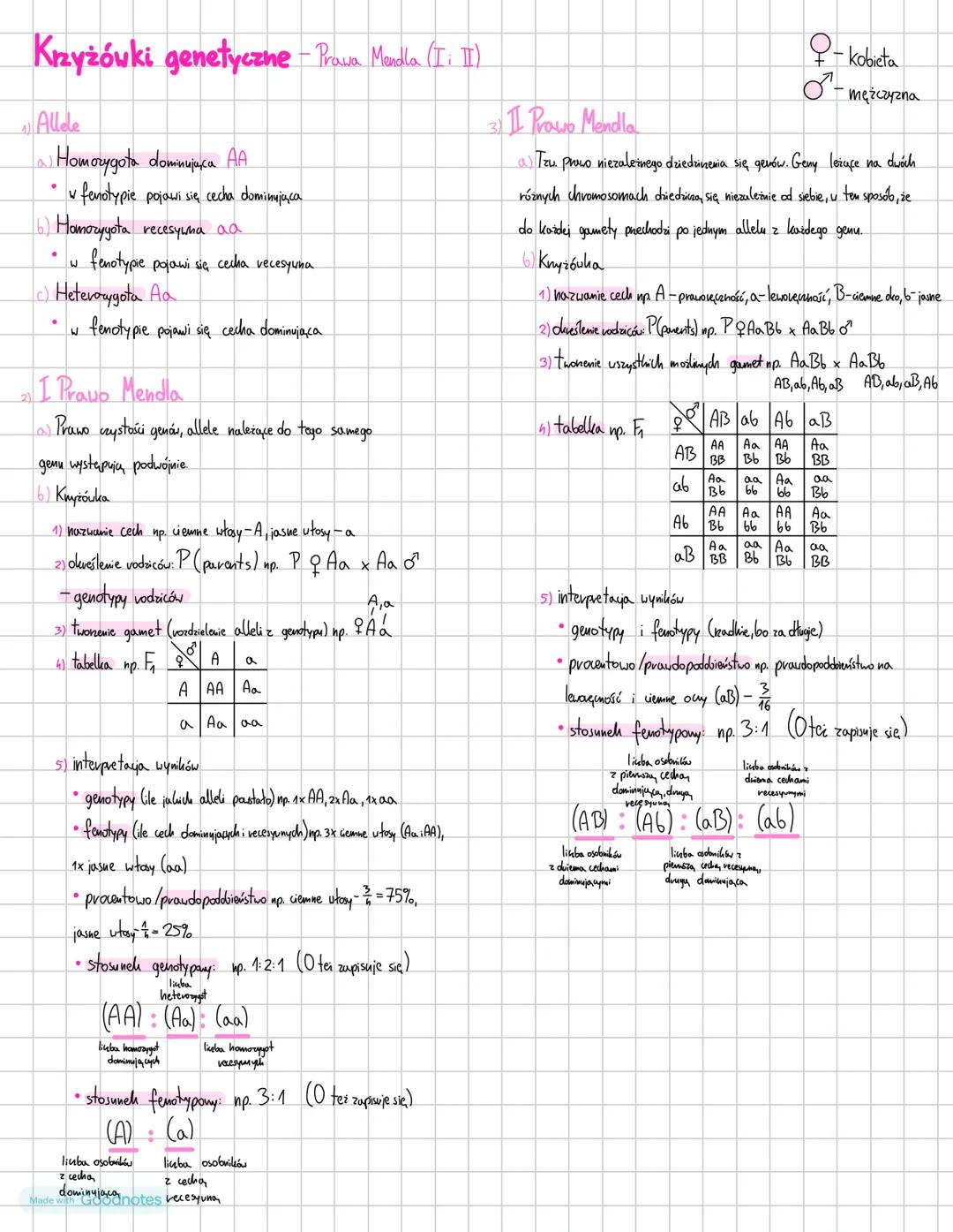 Krzyżówki genetyczne - Prawa Mandla (I; II)
Allele
.
Homozygota dominująca AA
V
✓ fenotypie pojawi się cecha dominująca
(6) Homozyyota reces