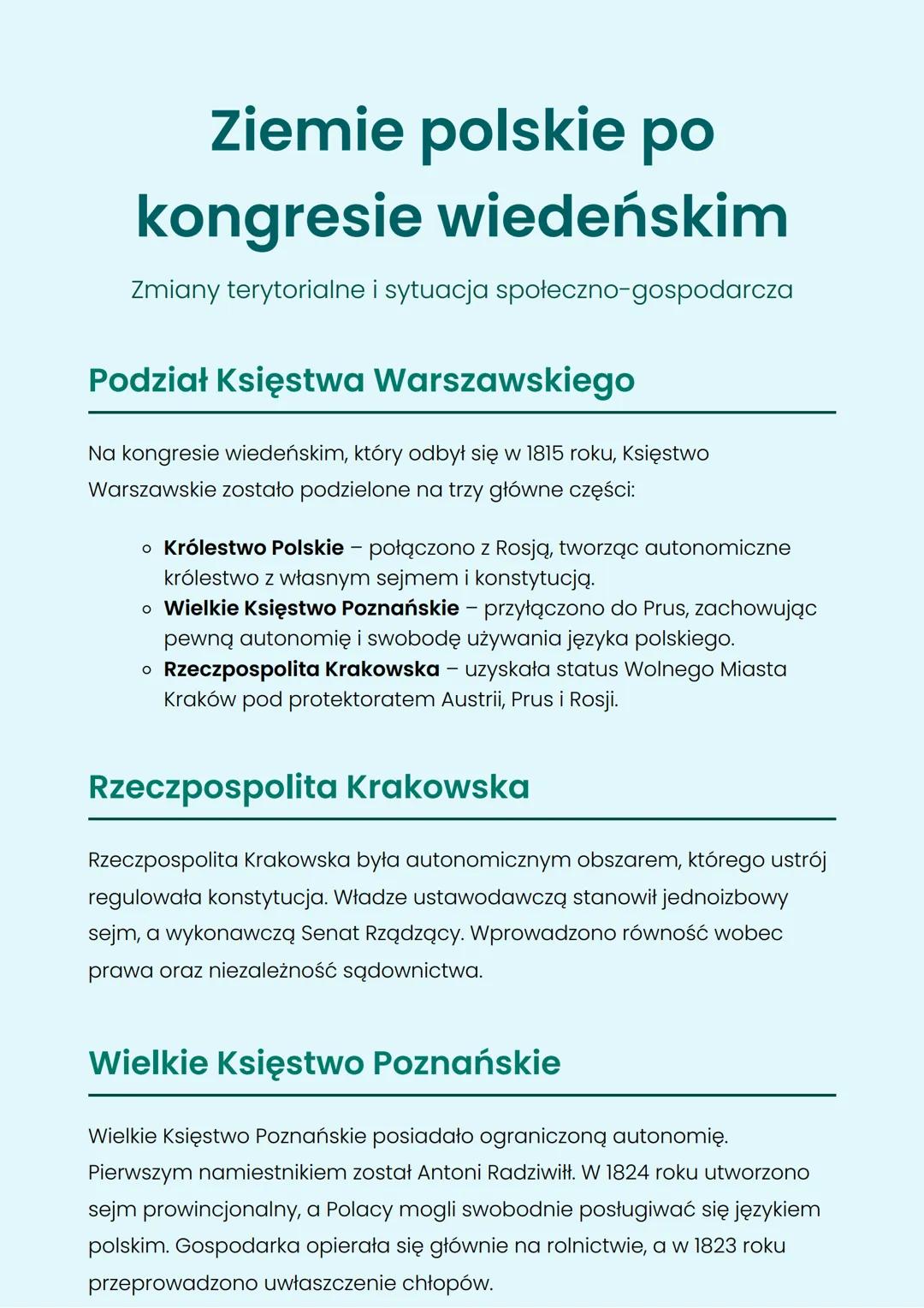 Ziemie polskie po
kongresie wiedeńskim
Zmiany terytorialne i sytuacja społeczno-gospodarcza
Podział Księstwa Warszawskiego
Na kongresie wied