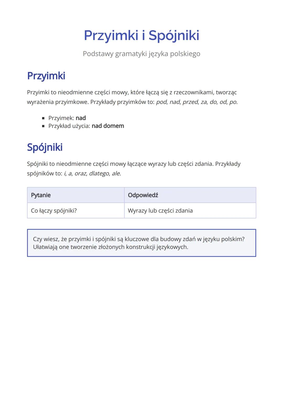 Przyimki i Spójniki
Podstawy gramatyki języka polskiego
Przyimki
Przyimki to nieodmienne części mowy, które łączą się z rzeczownikami, tworz