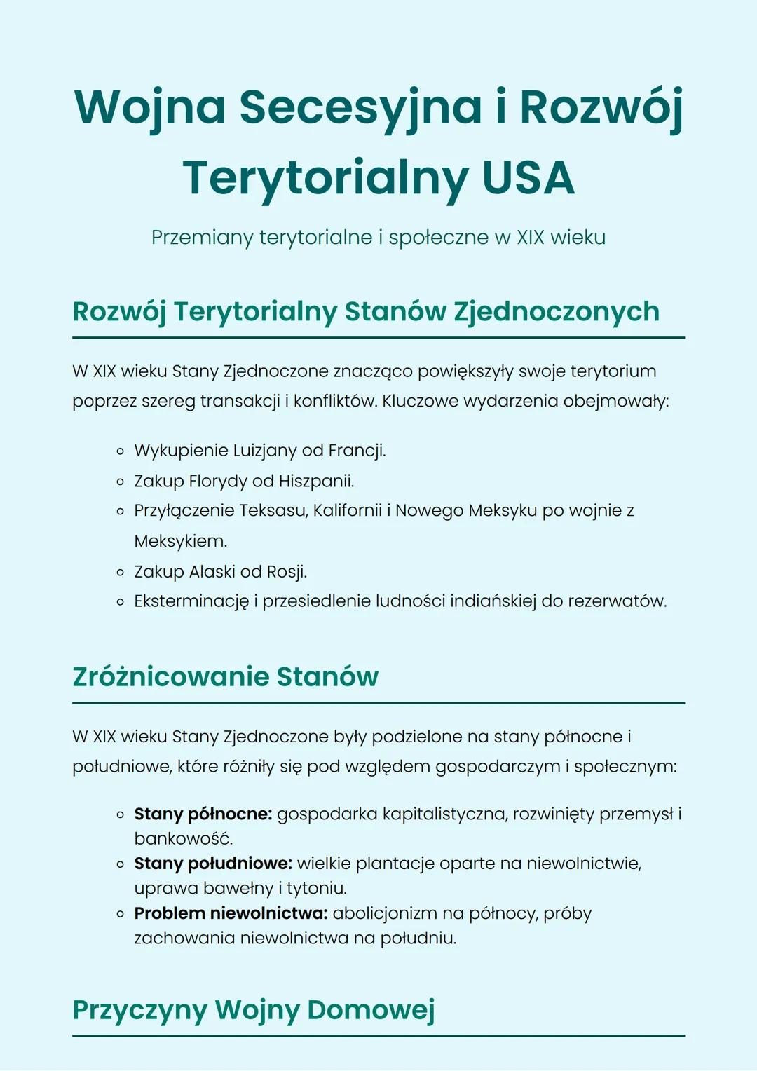# Wojna Secesyjna i Rozwój
Terytorialny USA
Przemiany terytorialne i społeczne w XIX wieku
## Rozwój Terytorialny Stanów Zjednoczonych
W