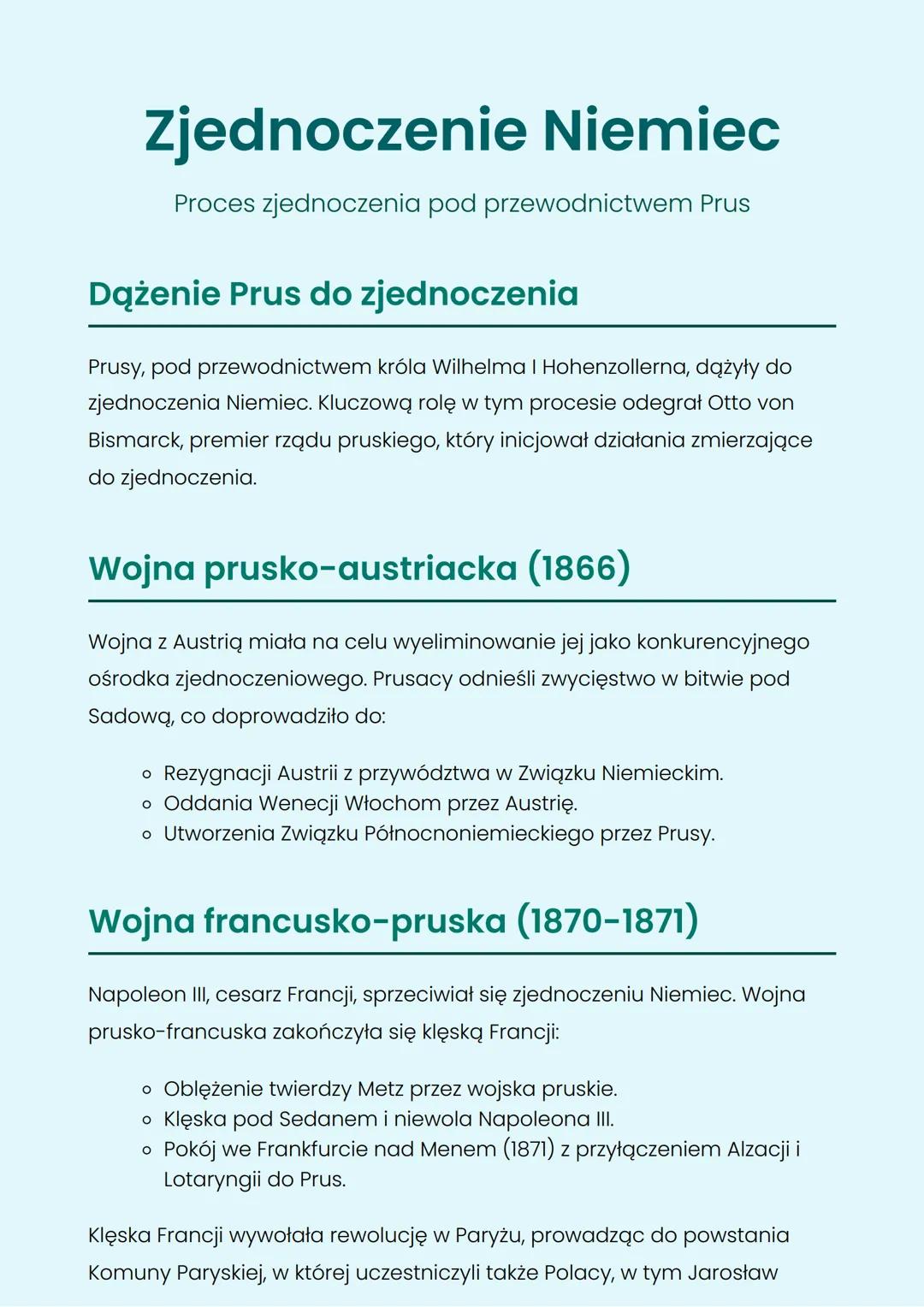 # Zjednoczenie Niemiec
Proces zjednoczenia pod przewodnictwem Prus
## Dążenie Prus do zjednoczenia
Prusy, pod przewodnictwem króla Wilhel