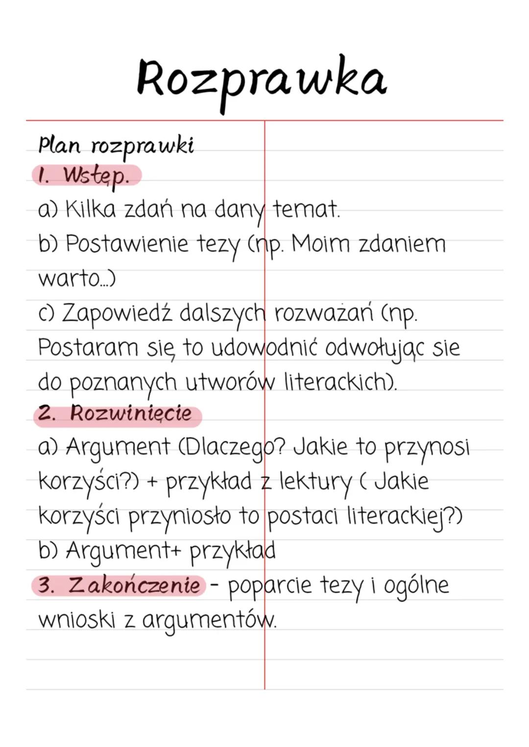 # Rozprawka
Plan rozprawki
1. Wstep.
a) Kilka zdań na dany temat.
b) Postawienie tezy (np. Moim zdaniem
warto...)
c) Zapowiedź dalszych ro