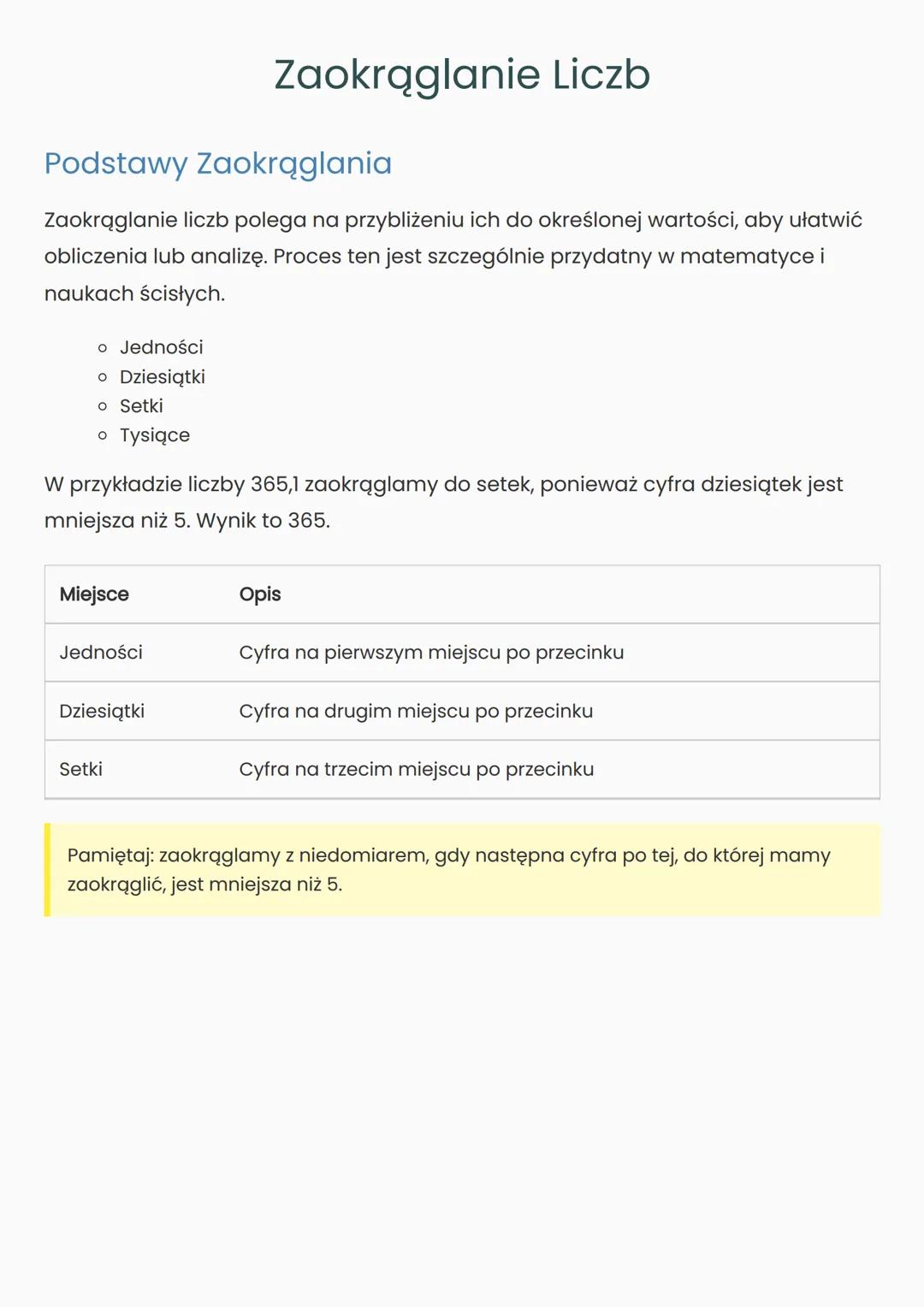 # Zaokrąglanie Liczb
## Podstawy Zaokrąglania
Zaokrąglanie liczb polega na przybliżeniu ich do określonej wartości, aby ułatwić
obliczenia