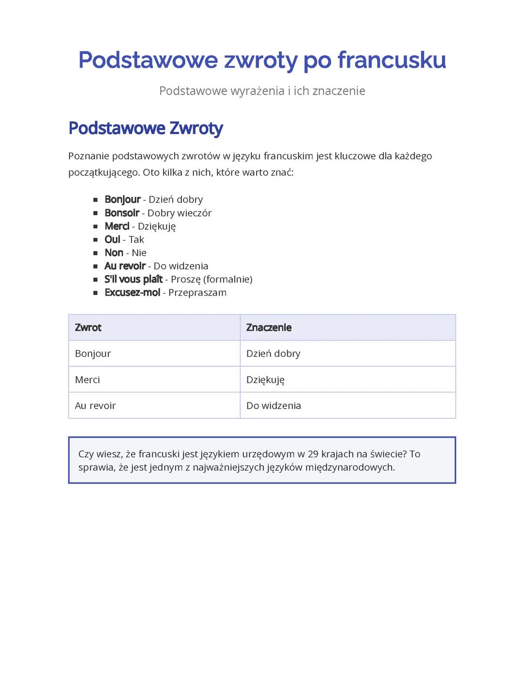 Podstawowe zwroty po francusku