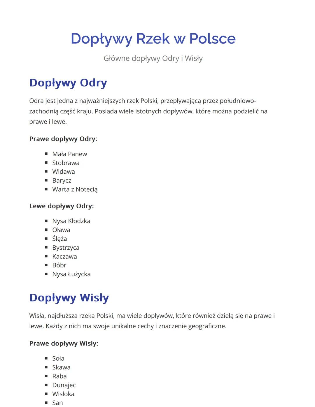 # Dopływy Rzek w Polsce
Główne dopływy Odry i Wisły
## Dopływy Odry
Odra jest jedną z najważniejszych rzek Polski, przepływającą przez po