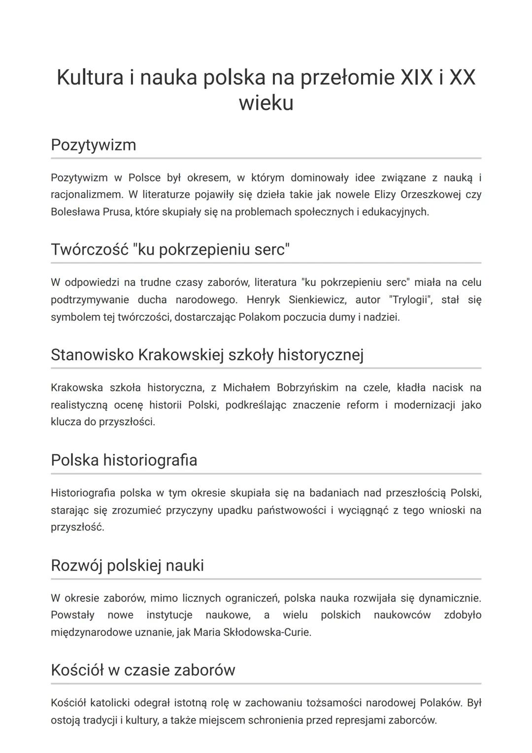 # Kultura i nauka polska na przełomie XIX i XX
wieku
Pozytywizm
Pozytywizm w Polsce był okresem, w którym dominowały idee związane z nauką