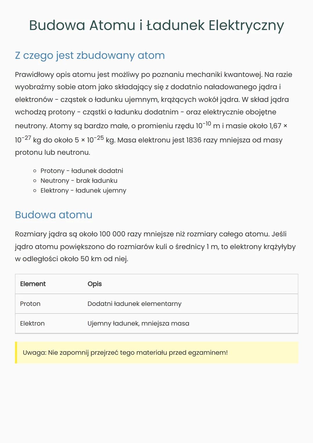 # Budowa Atomu i ładunek Elektryczny
Z czego jest zbudowany atom
Prawidłowy opis atomu jest możliwy po poznaniu mechaniki kwantowej. Na ra