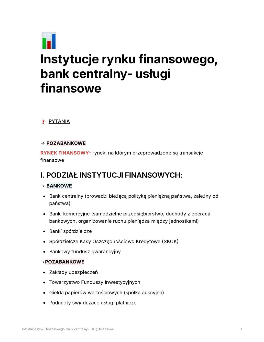 Instytucje rynku finansowego, bank centralny- usługi finansowe
