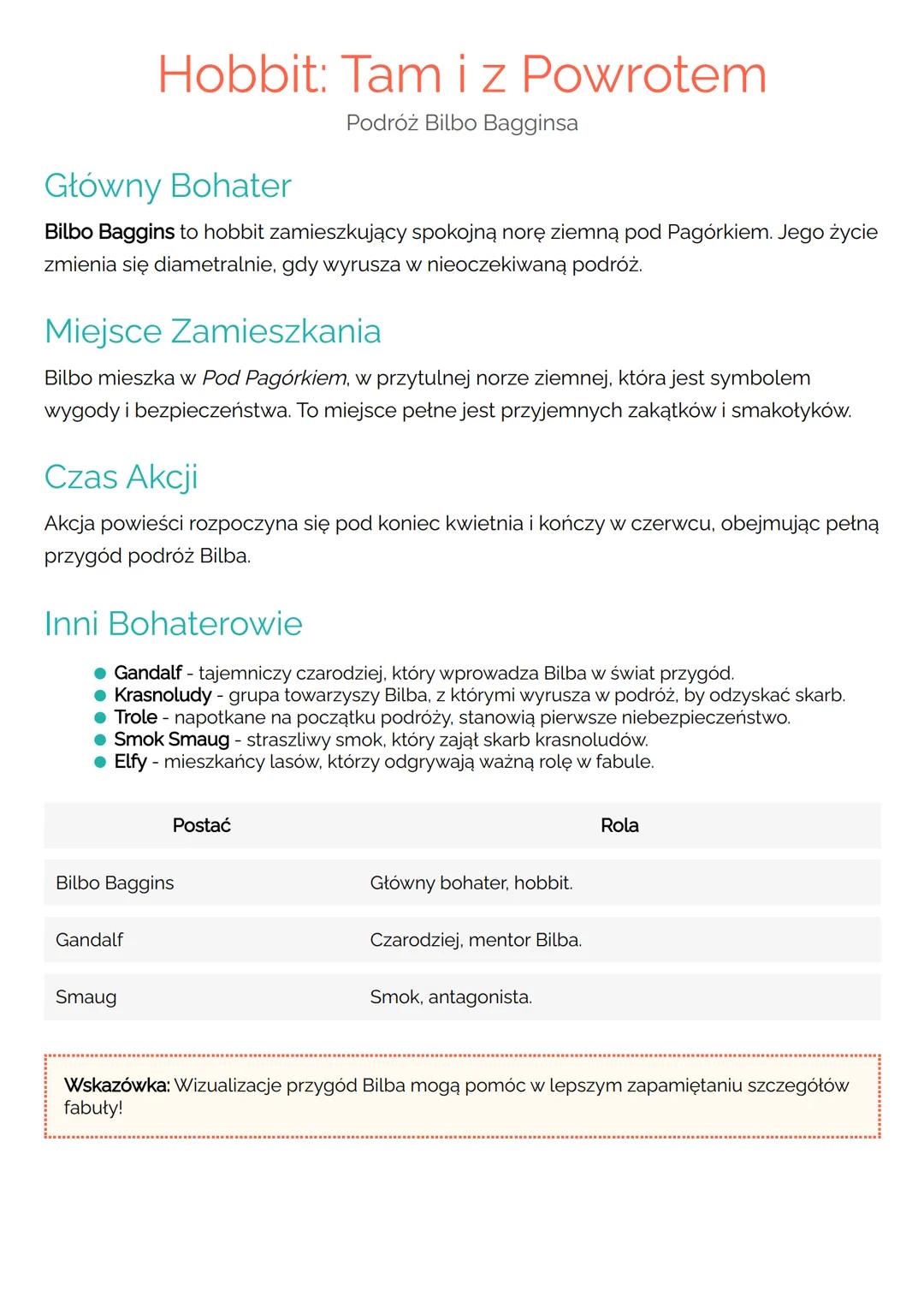 # Hobbit: Tam i z Powrotem
Podróż Bilbo Bagginsa
## Główny Bohater
Bilbo Baggins to hobbit zamieszkujący spokojną norę ziemną pod Pagórkie