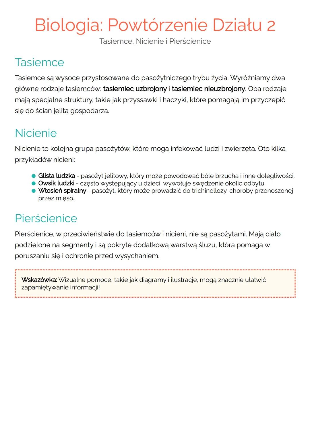 # Biologia: Powtórzenie Działu 2
Tasiemce
Tasiemce, Nicienie i Pierścienice
Tasiemce są wysoce przystosowane do pasożytniczego trybu życia