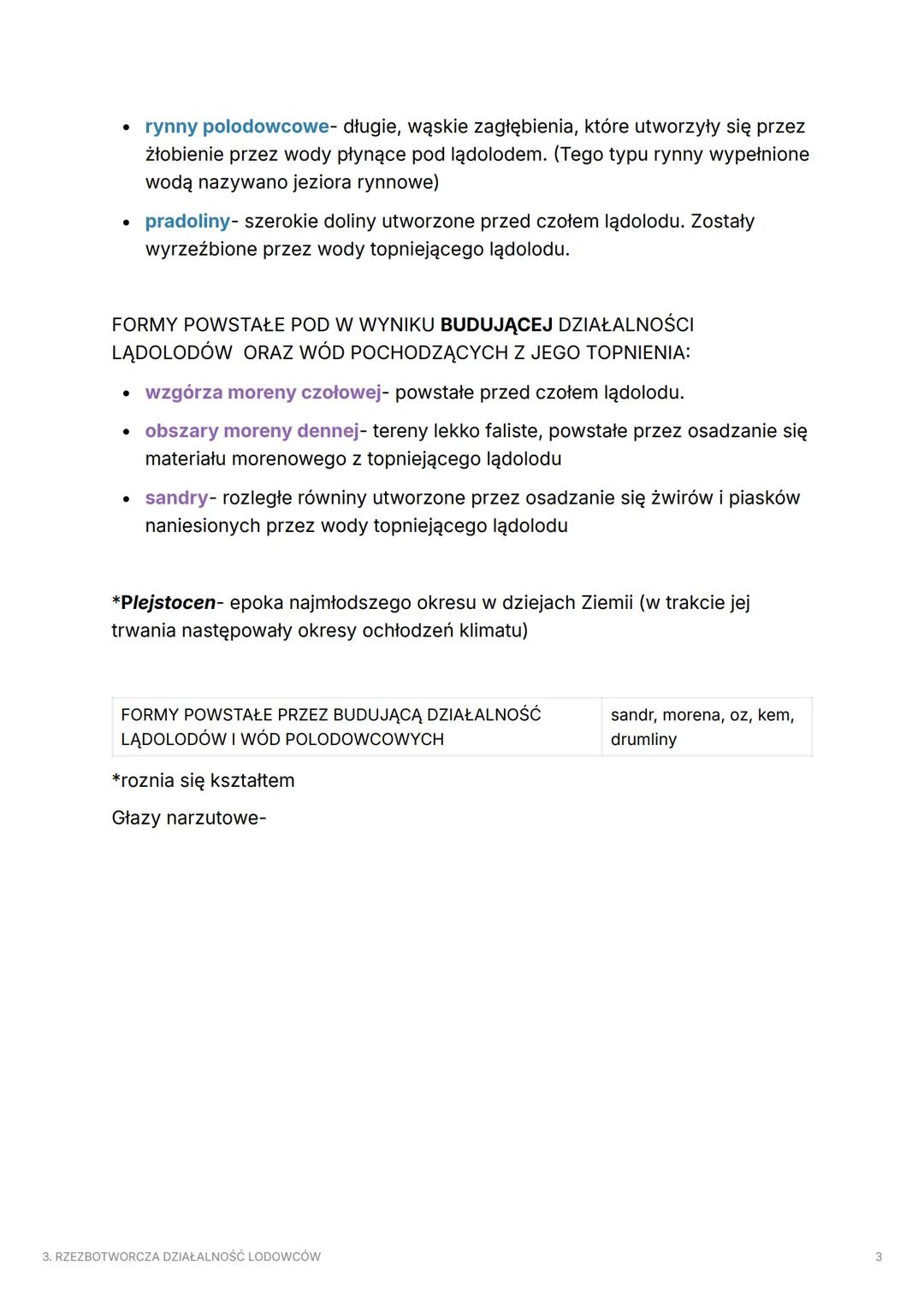 3. RZEZBOTWORCZA
DZIAŁALNOŚĆ LODOWCÓW
Lodowce i lądolody niszczą podłoże skalne, transportują materiał skalny i
osadzają go.
1. Działalność