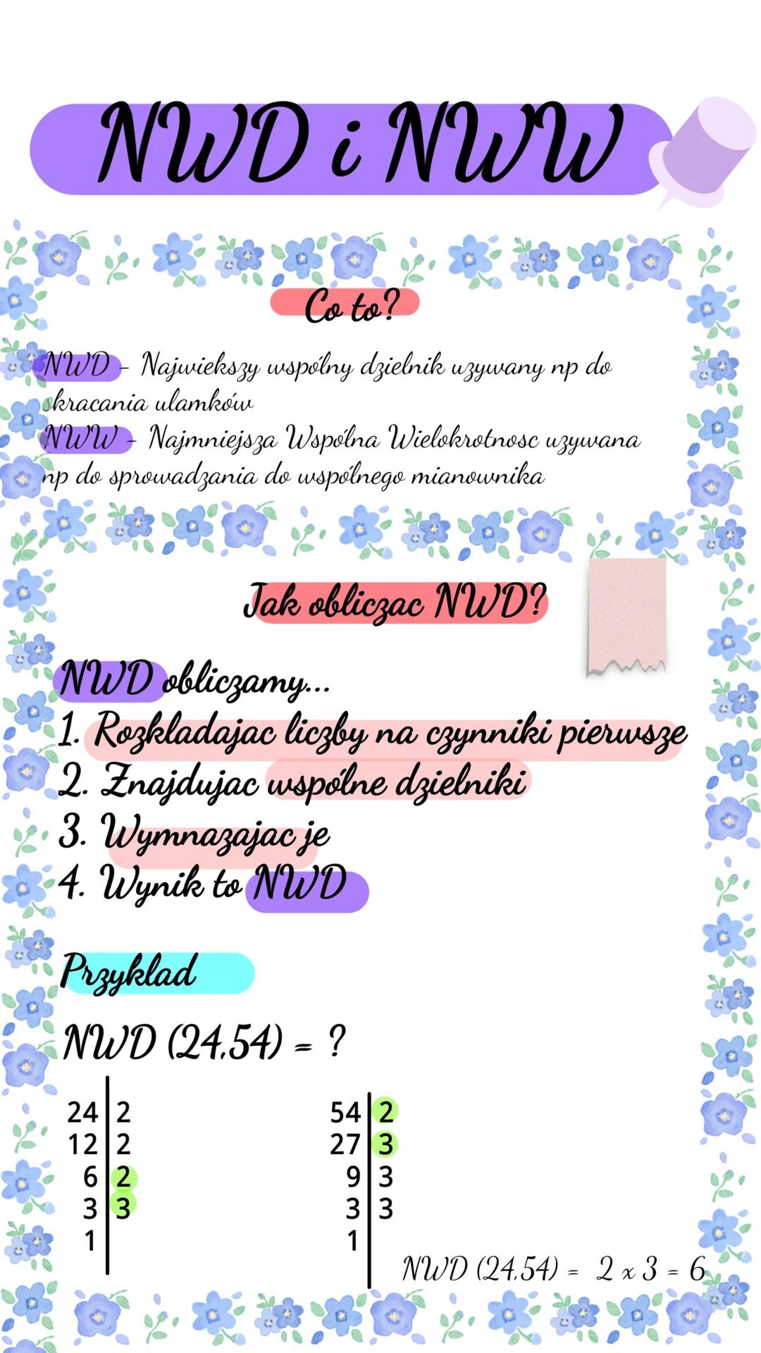 # NWD i NWW
Co to?
NWD - Najwiekszy wspólny dzielnik uzywany np do
kraćania ulamków
NWW - Najmniejsza Wspólna Wielokrotnosc uzywana
enp d