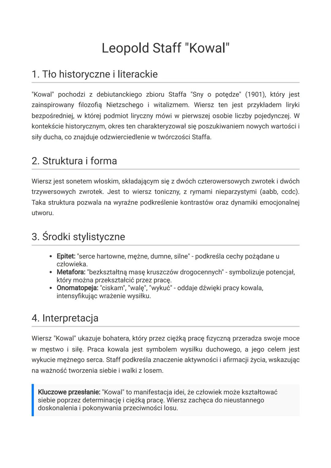 Leopold Staff "Kowal"
1. Tło historyczne i literackie
"Kowal" pochodzi z debiutanckiego zbioru Staffa "Sny o potędze" (1901), który jest
z