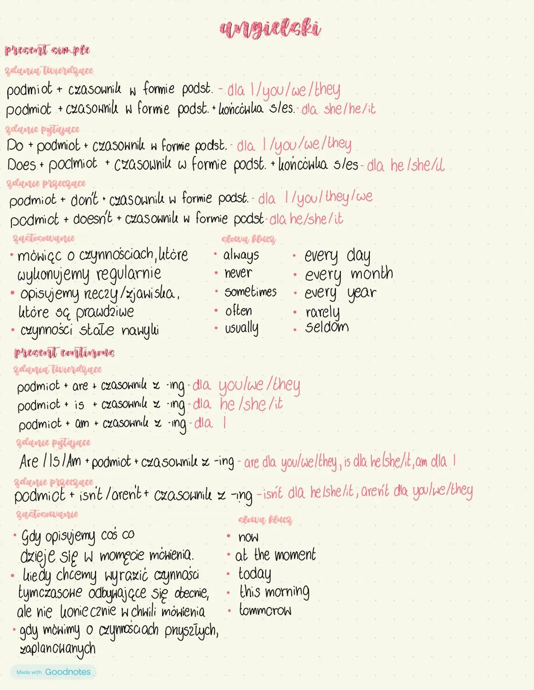 # angielski
present sim pli
zdania twierdzące
podmiot + czasownik w formie podst. - dla 1/you/we/they
podmiot + czasownik w formie podst.