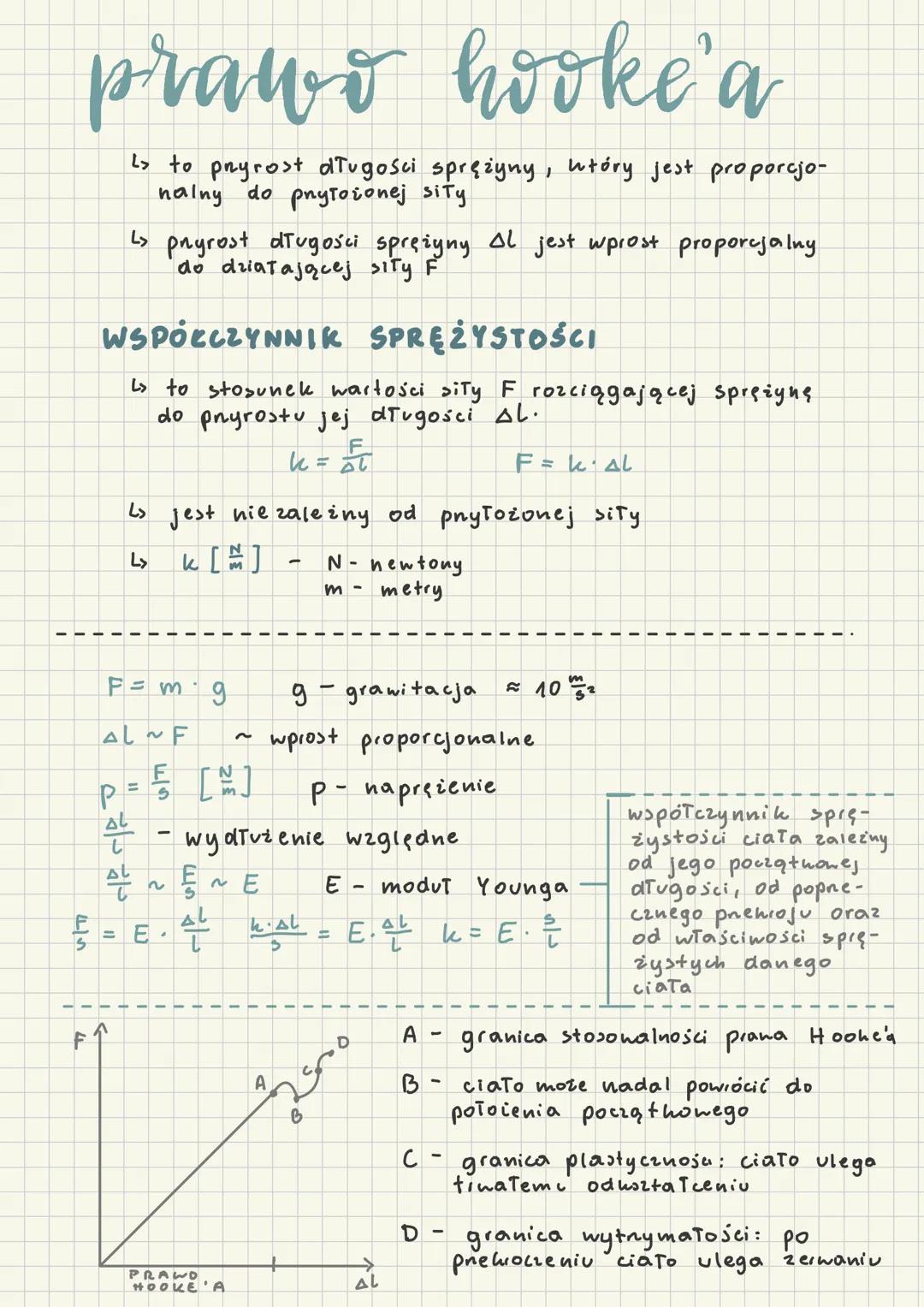 # prawo hooke'a
> to pryrost długości sprężyny, wtóry jest proporcjo-
nalny do pnyłożonej sity
L↳ pryrost długości sprężyny Al jest wprost