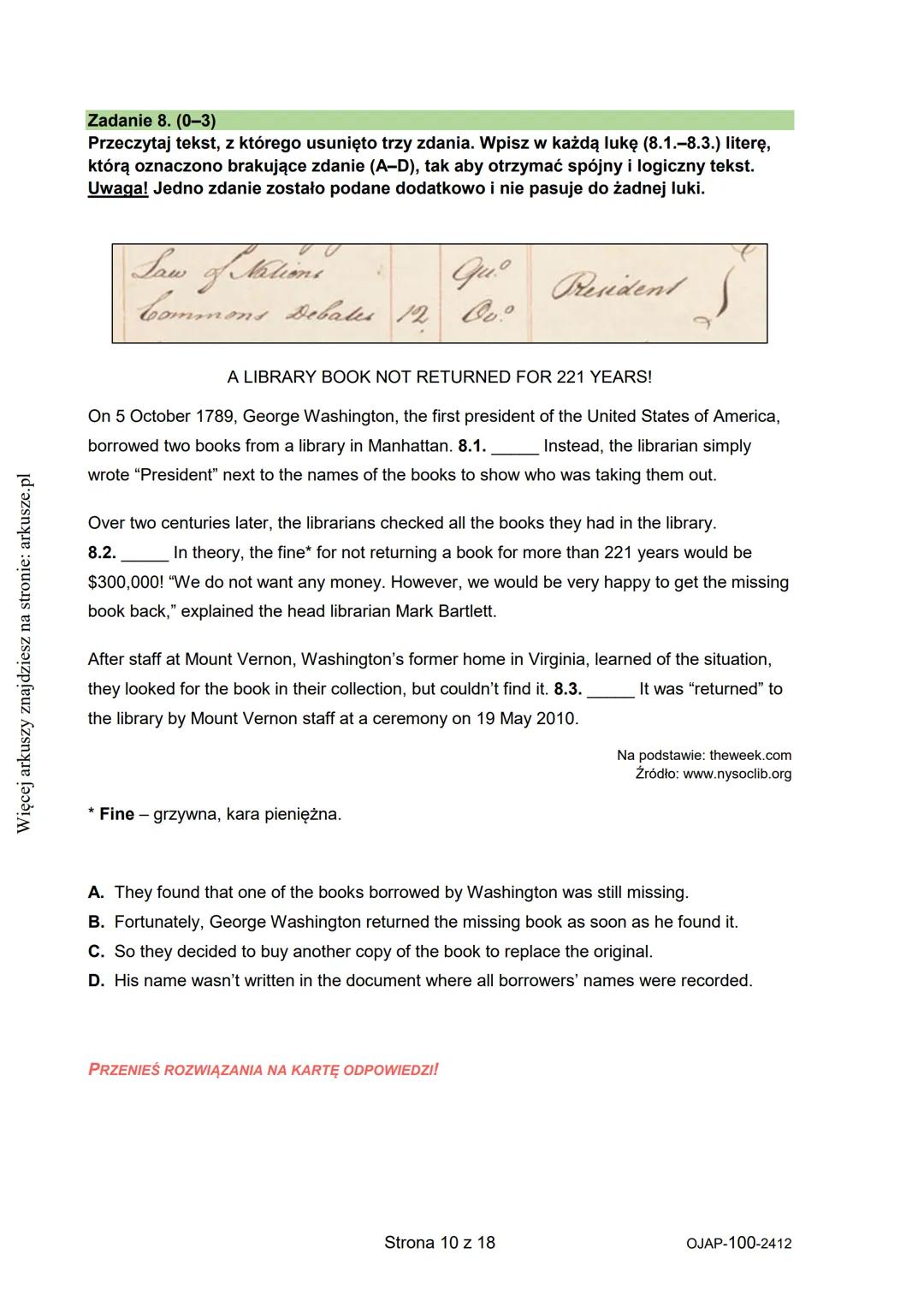 na stronie: arkusze.pl
Więcej arkuszy znajdziesz
CENTRALNA
KOMISJA
EGZAMINACYJNA
WYPEŁNIA UCZEŃ
KOD UCZNIA
PESEL
Arkusz zawiera informacje
p