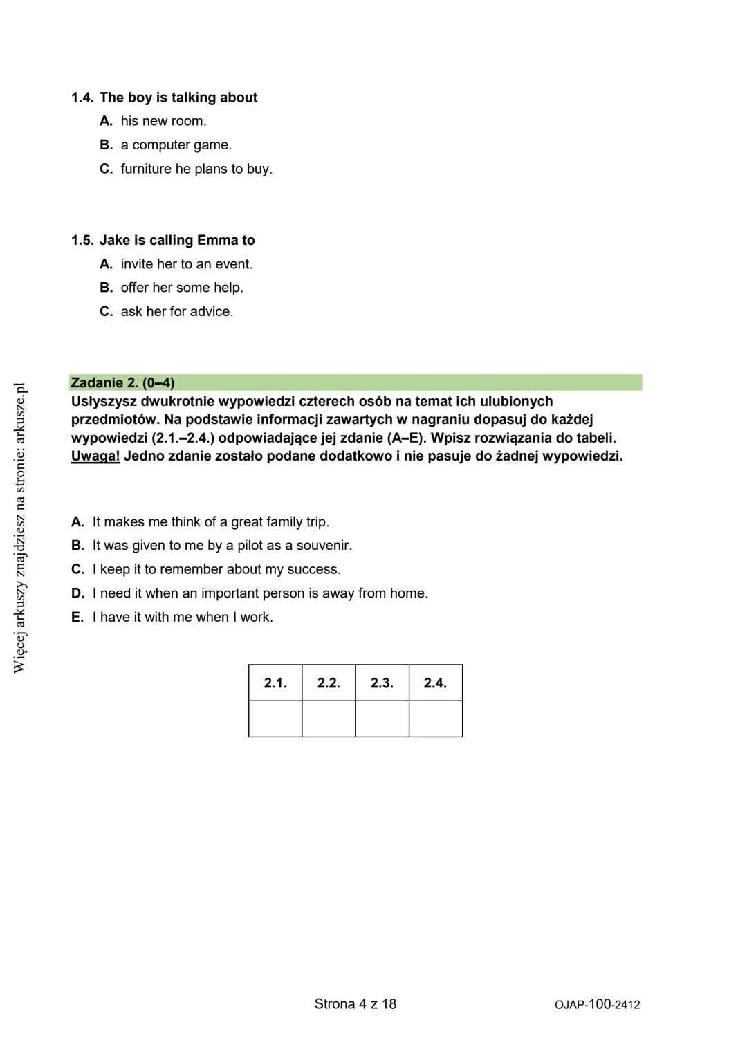 na stronie: arkusze.pl
Więcej arkuszy znajdziesz
CENTRALNA
KOMISJA
EGZAMINACYJNA
WYPEŁNIA UCZEŃ
KOD UCZNIA
PESEL
Arkusz zawiera informacje
p