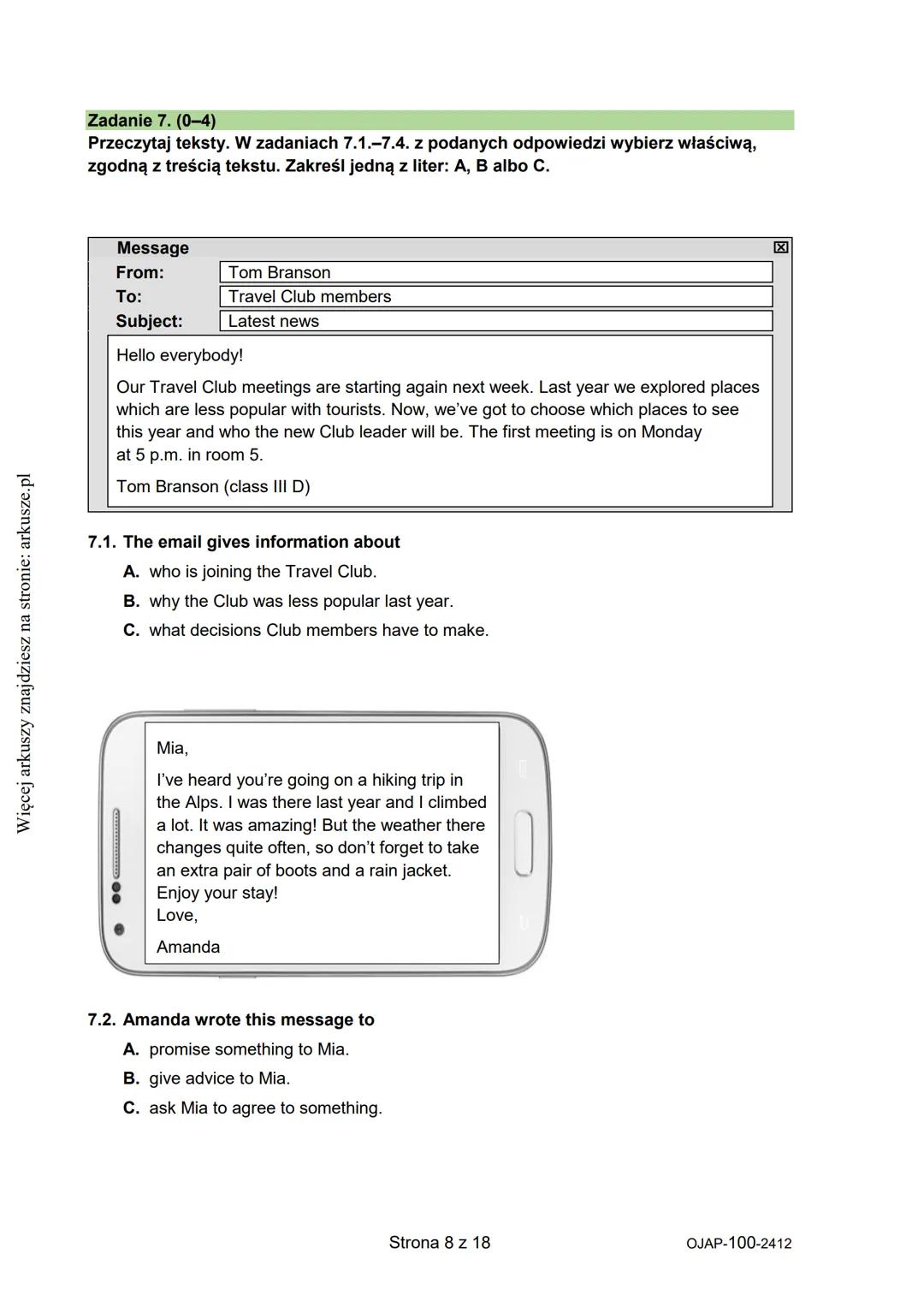 na stronie: arkusze.pl
Więcej arkuszy znajdziesz
CENTRALNA
KOMISJA
EGZAMINACYJNA
WYPEŁNIA UCZEŃ
KOD UCZNIA
PESEL
Arkusz zawiera informacje
p