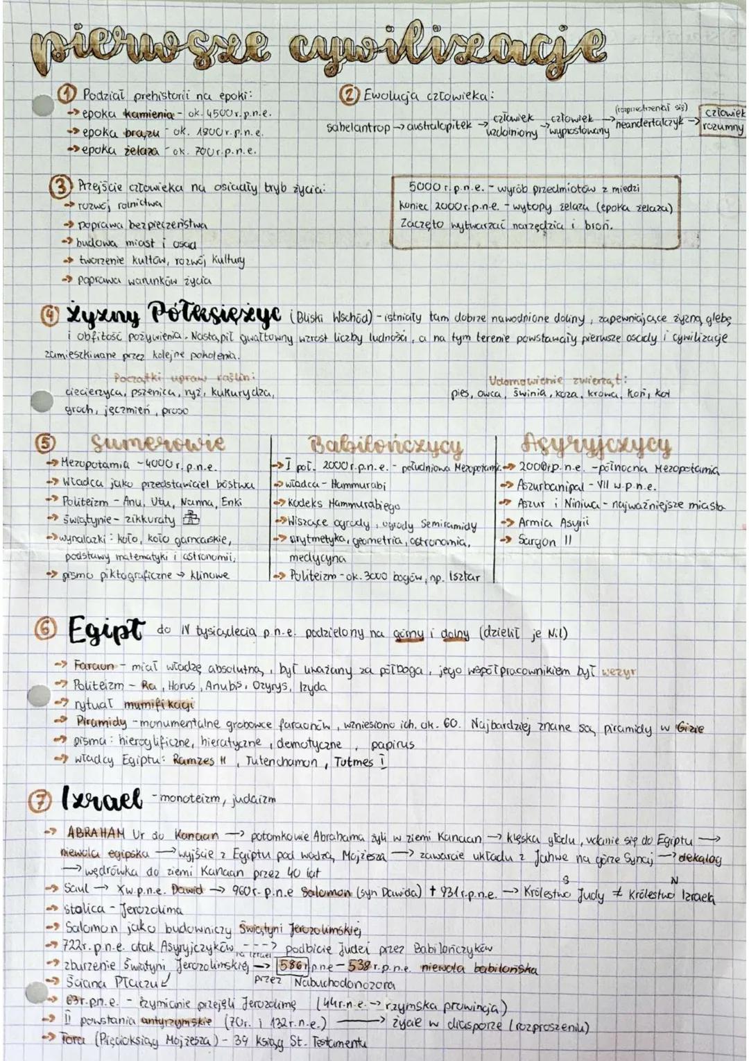 # pierwsze cywilizacje
Podział prehistorii na epoki:
- epoka kamienia ok. 4500 r.p.n.e.
- epoka brazu ok. 1800r.pin.e.
- epoka żelaza ok. 7