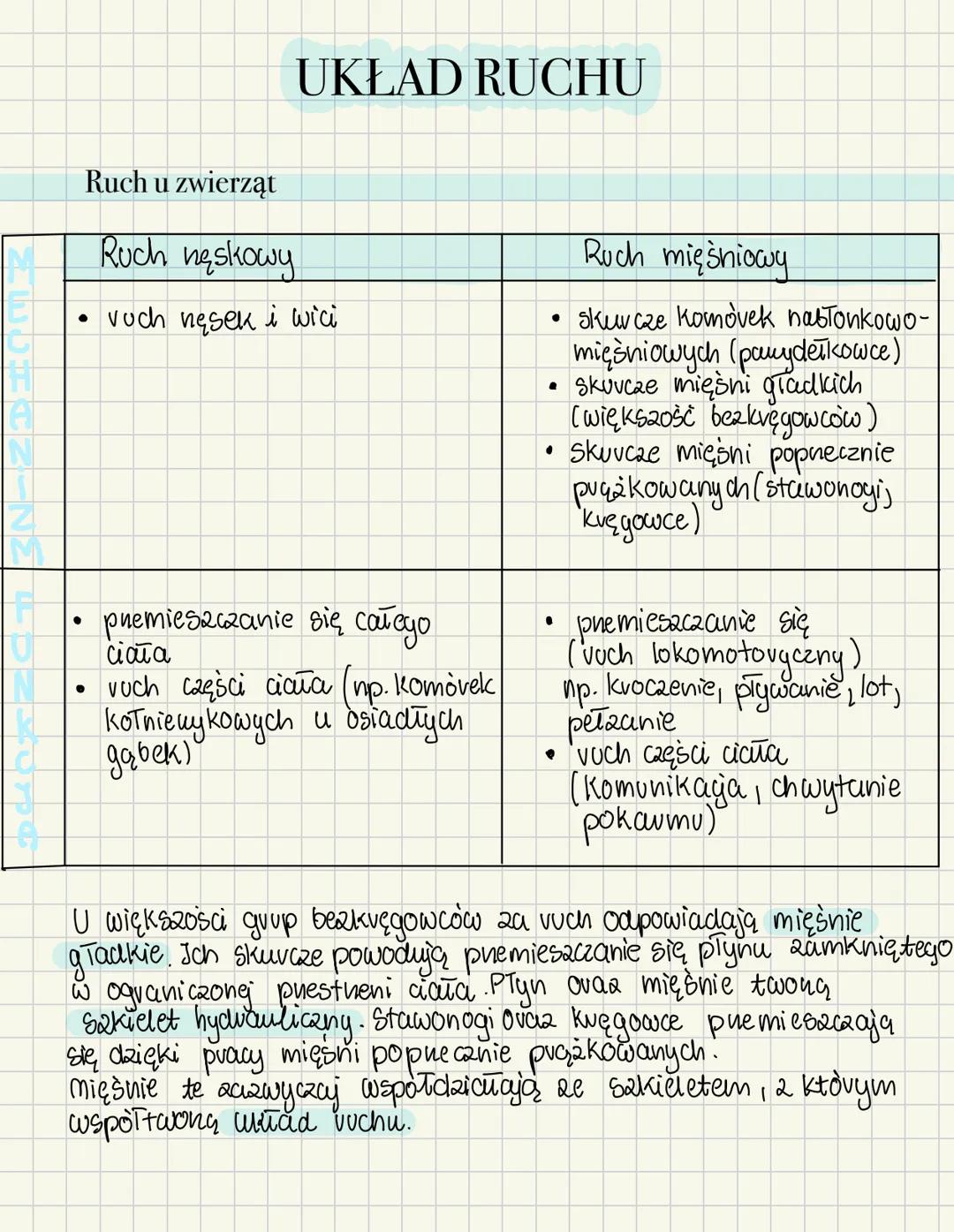 # UKŁAD RUCHU
Ruch u zwierząt
| Ruch neskowy | Ruch mięśniowy |
| ----------- | ----------- |
| • vuch nesek i wici | • skurcze Komovek n