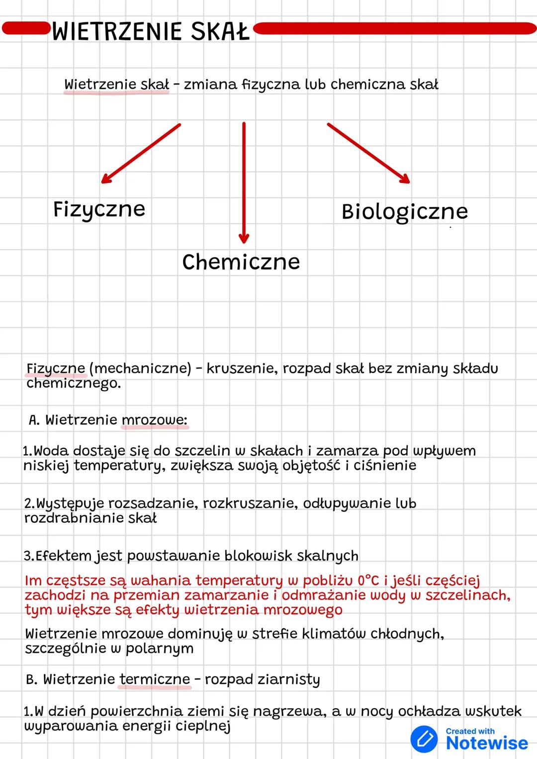 WIETRZENIE SKAŁ
Wietrzenie skał – zmiana fizyczna lub chemiczna skał
Fizyczne
Chemiczne
Biologiczne
Fizyczne (mechaniczne) - kruszenie, rozp
