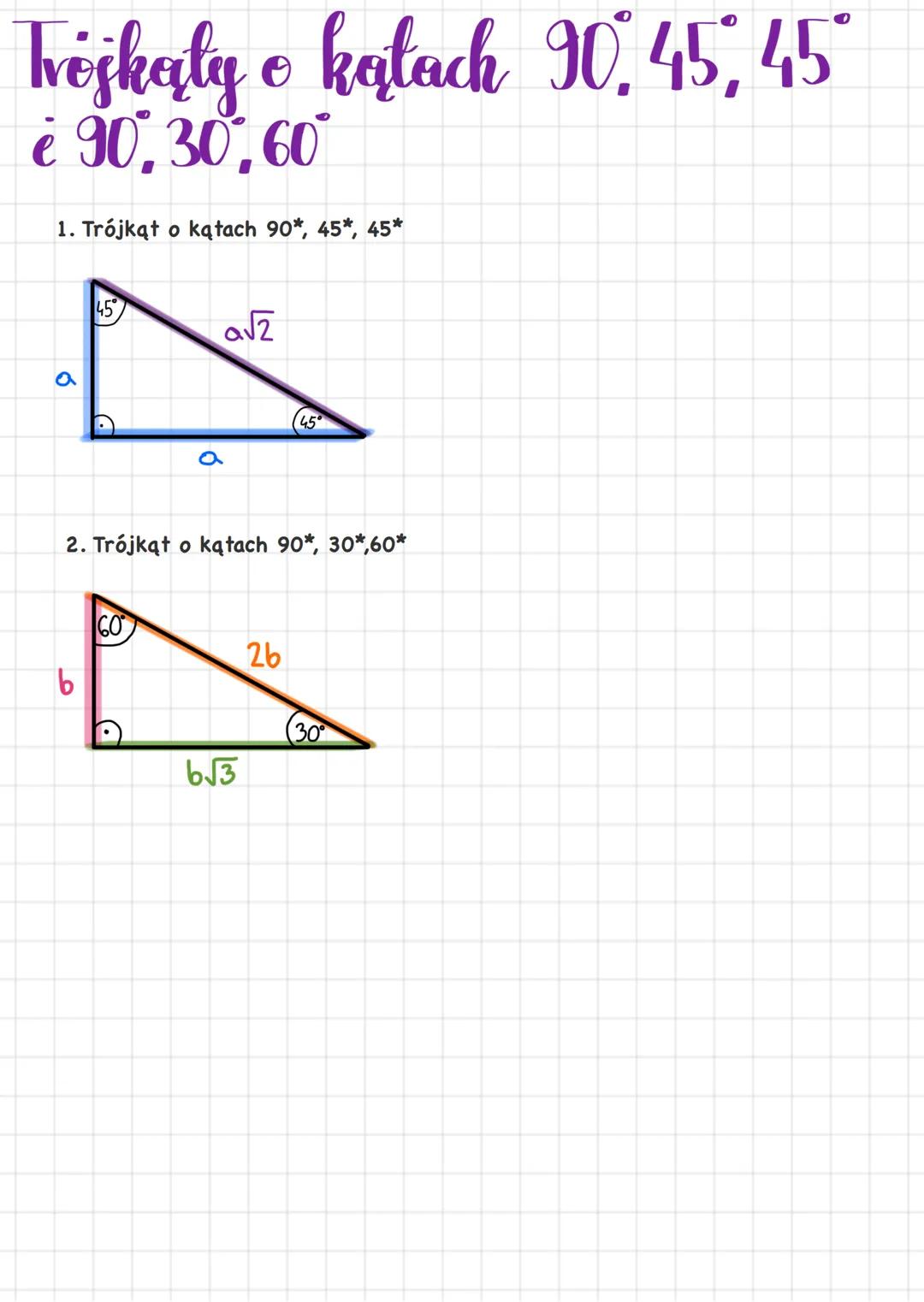 # Tróskąty o katach 90. 45, 45
è 90,30,60
1. Trójkąt o kątach 90*, 45*, 45*
a
45
a$\sqrt{2}$
(45°
a
2. Trójkąt o kątach 90*, 30*,60*