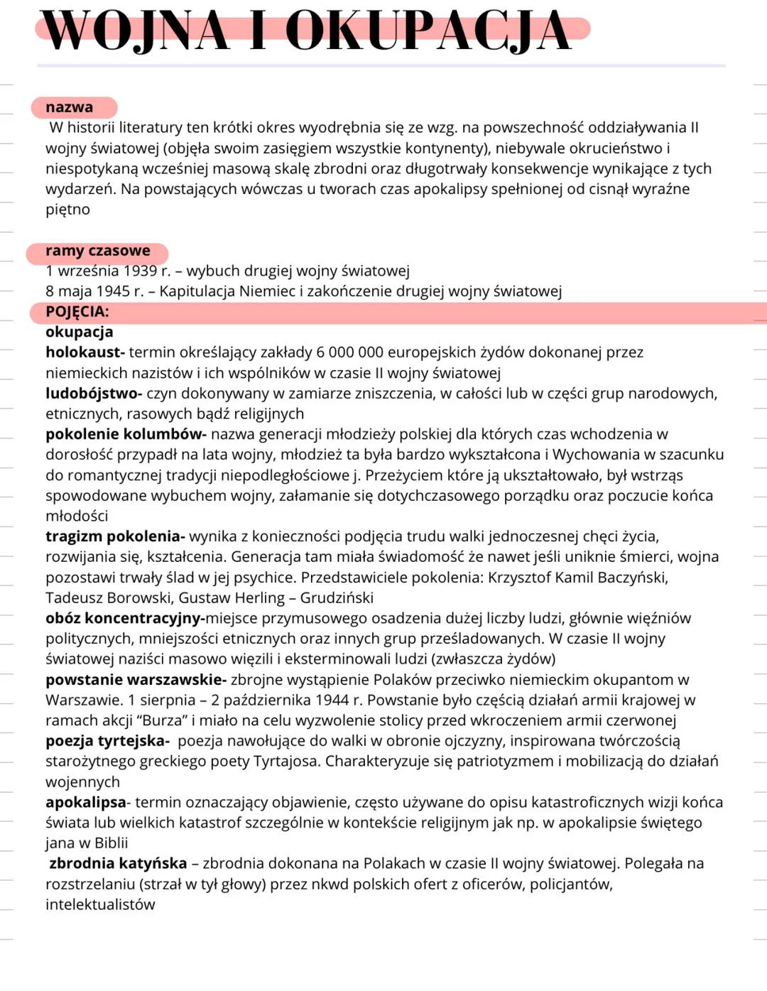 # WOJNA I OKUPACJA
nazwa
W historii literatury ten krótki okres wyodrębnia się ze wzg. na powszechność oddziaływania II
wojny światowej (ob