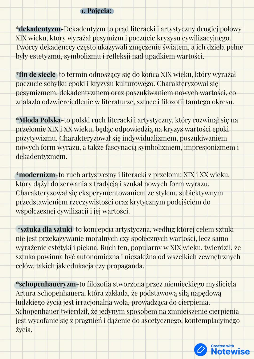 # 1. Pojęcia:
*dekadentyzm-Dekadentyzm to prąd literacki i artystyczny drugiej połowy
XIX wieku, który wyrażał pesymizm i poczucie kryzysu c