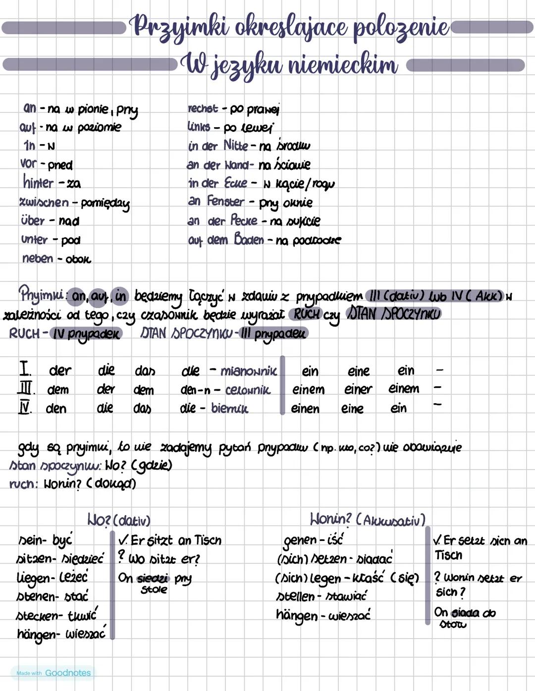 # Przyimki okreslajace polozenie
## W jezyku niemieckim
an-na w pionie, pry
auf-na w poziomie
1n-N
Vor-pned
hinter - za
Zwischen - po