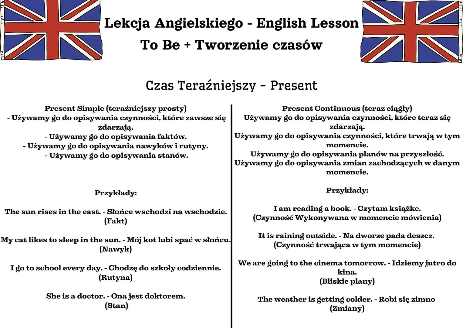 # Lekcja Angielskiego - English Lesson
To Be + Tworzenie czasów
Czas Teraźniejszy - Present
Present Simple (teraźniejszy prosty)
- Używa