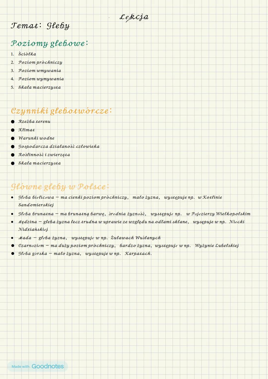 # Temat: Gleby
# Poziomy glebowe:
1. Ściółka
2. Poziom próchniczy
3. Poziom wmywania
4. Poziom wymywania
5. Skala macierzysta
# Czyn