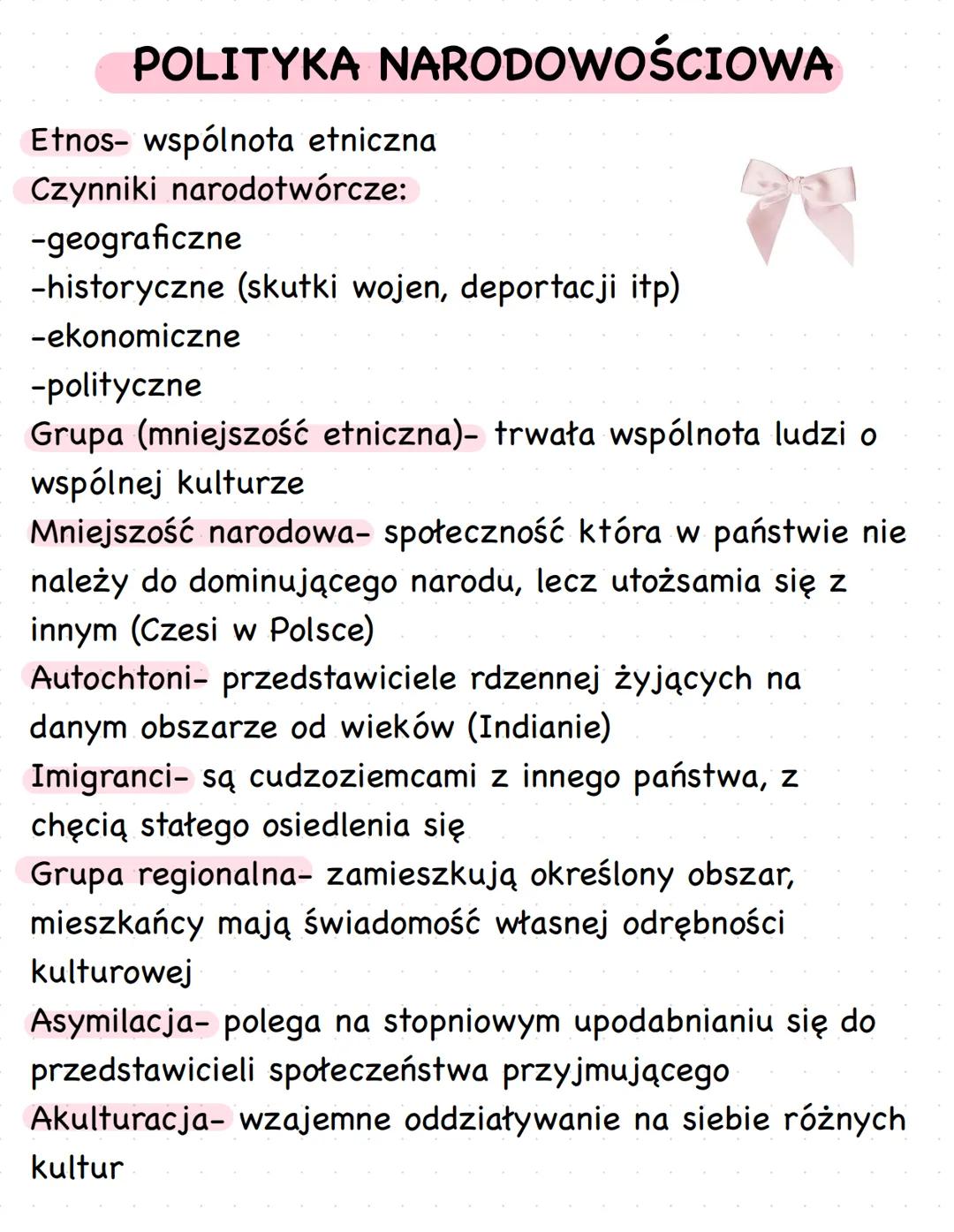 # POLITYKA NARODOWOŚCIOWA
Etnos- wspólnota etniczna
Czynniki narodotwórcze:
-geograficzne
-historyczne (skutki wojen, deportacji itp)