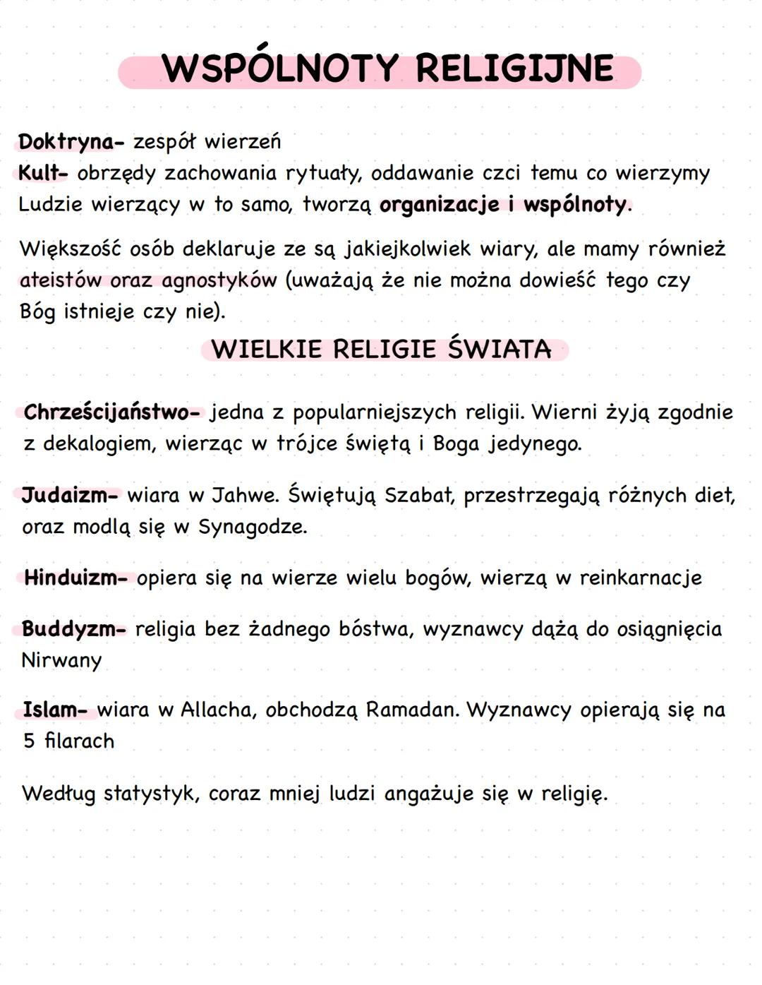 WSPÓLNOTY RELIGIJNE
Doktryna- zespół wierzeń
Kult- obrzędy zachowania rytuały, oddawanie czci temu co wierzymy
Ludzie wierzący w to samo, t