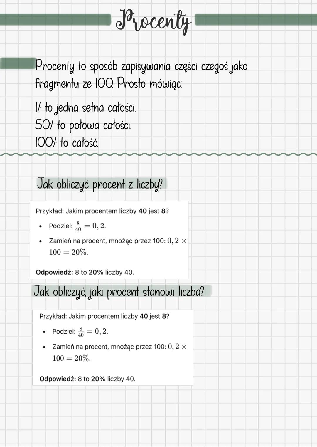Procenty
Procenty to sposób zapisywania części czegoś jako
fragmentu ze 100 Prosto mówiąc:
1½ to jedna setna całości.
50% to połowa całości.