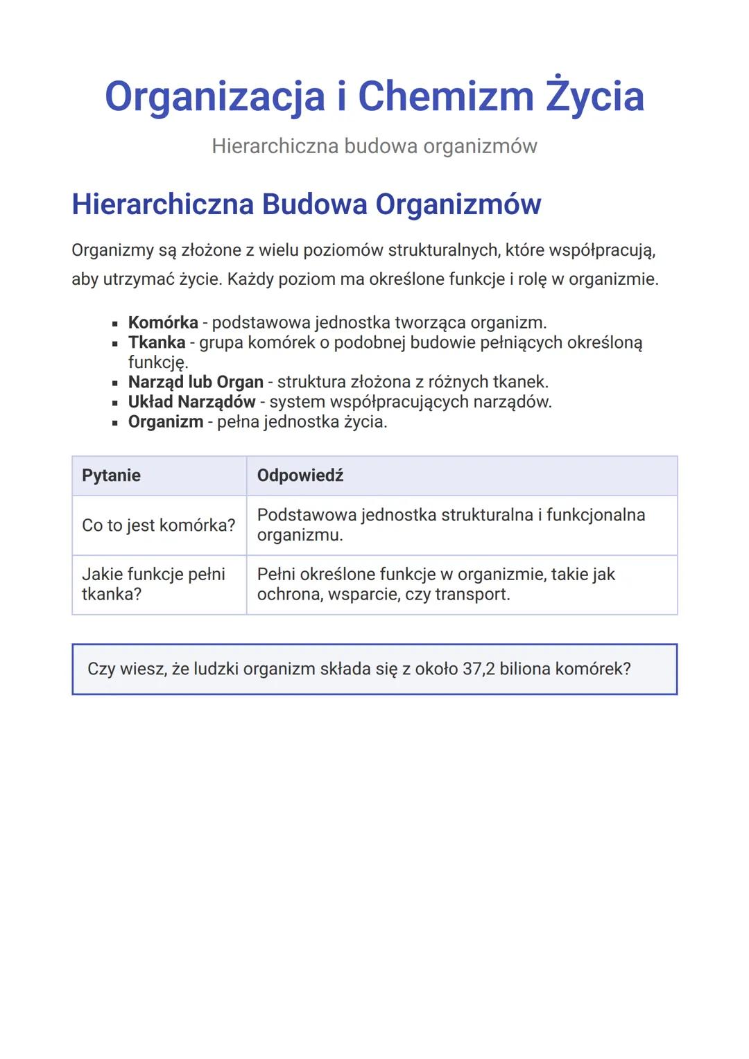 # Organizacja i Chemizm Życia
Hierarchiczna budowa organizmów
## Hierarchiczna Budowa Organizmów
Organizmy są złożone z wielu poziomów str
