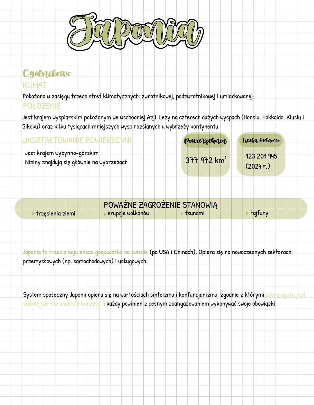# Japonia
Ogólnikowo
KLIMAT
Położona w zasięgu trzech stref klimatycznych: zwrotnikowej, podzwrotnikowej i umiarkowanej
POŁOŻENIE
Jest kraj