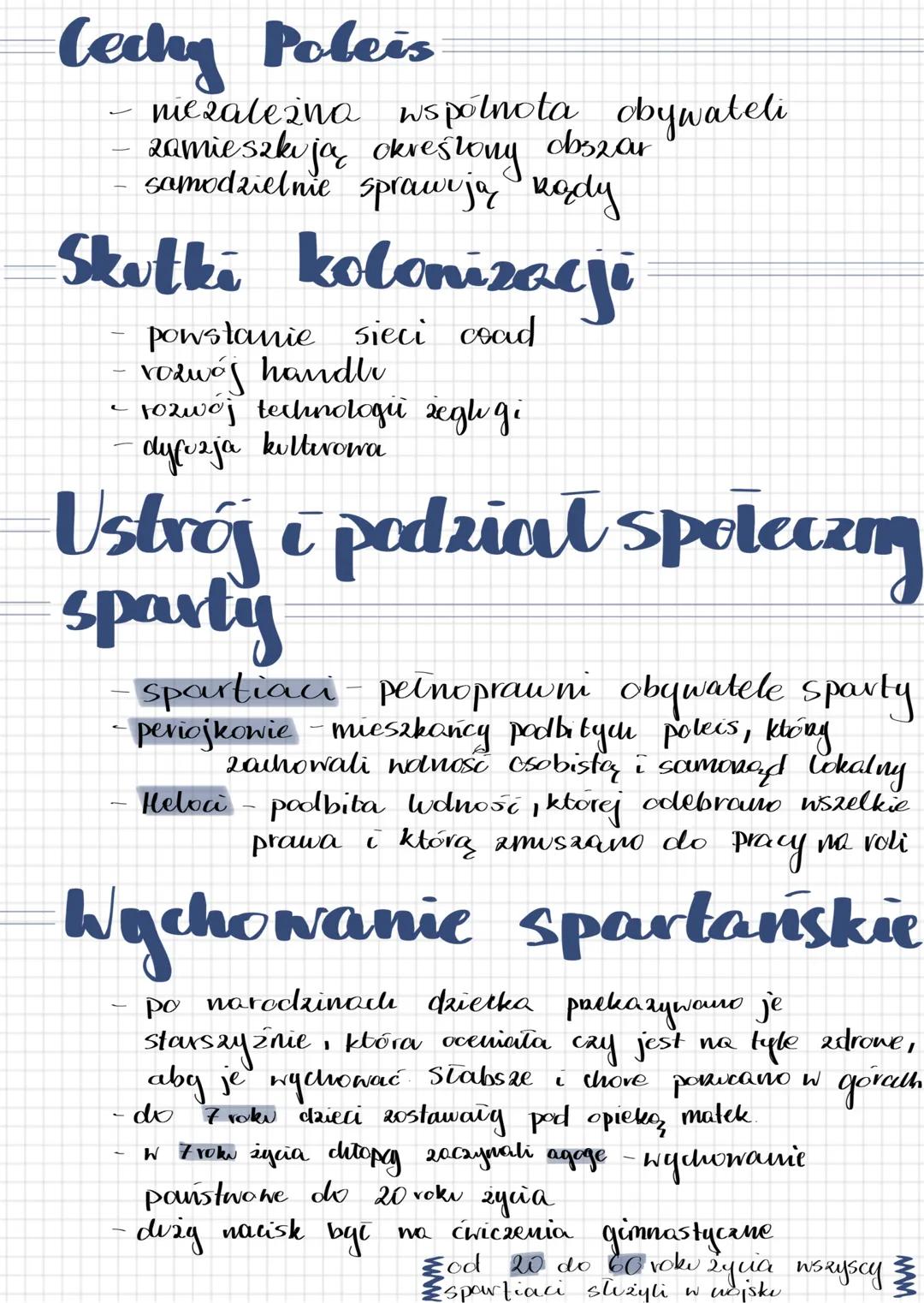 # Cechy Poleis
- niezależna wspólnota obywateli
- zamieszkują określony obszar
- samodzielnie sprawują nady
# Skutki kolonizacji
- powstani