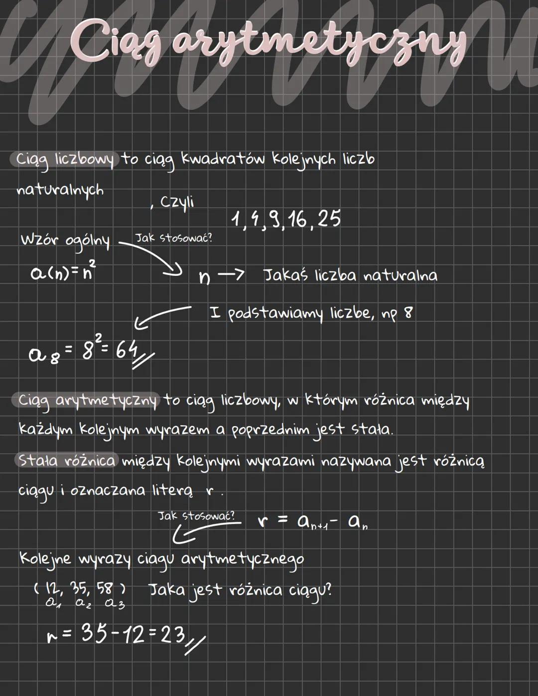 Ciąg arytmetyczny
u
Ciąg liczbowy to ciąg kwadratów kolejnych liczb
naturalnych
Czyli
Wzór ogólny
a(n) = n²
Jak stosować?
ag
2
= 8² = 64/1/